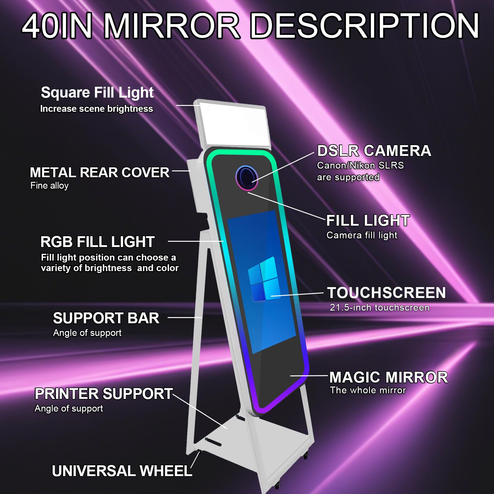 Magic Mirror Photo Booth con touch screen da 21,5", macchina fotografica portatile con luce di riempimento a LED RGB e custodia per matrimoni, feste, eventi, noleggio (nero, cabina fotografica +