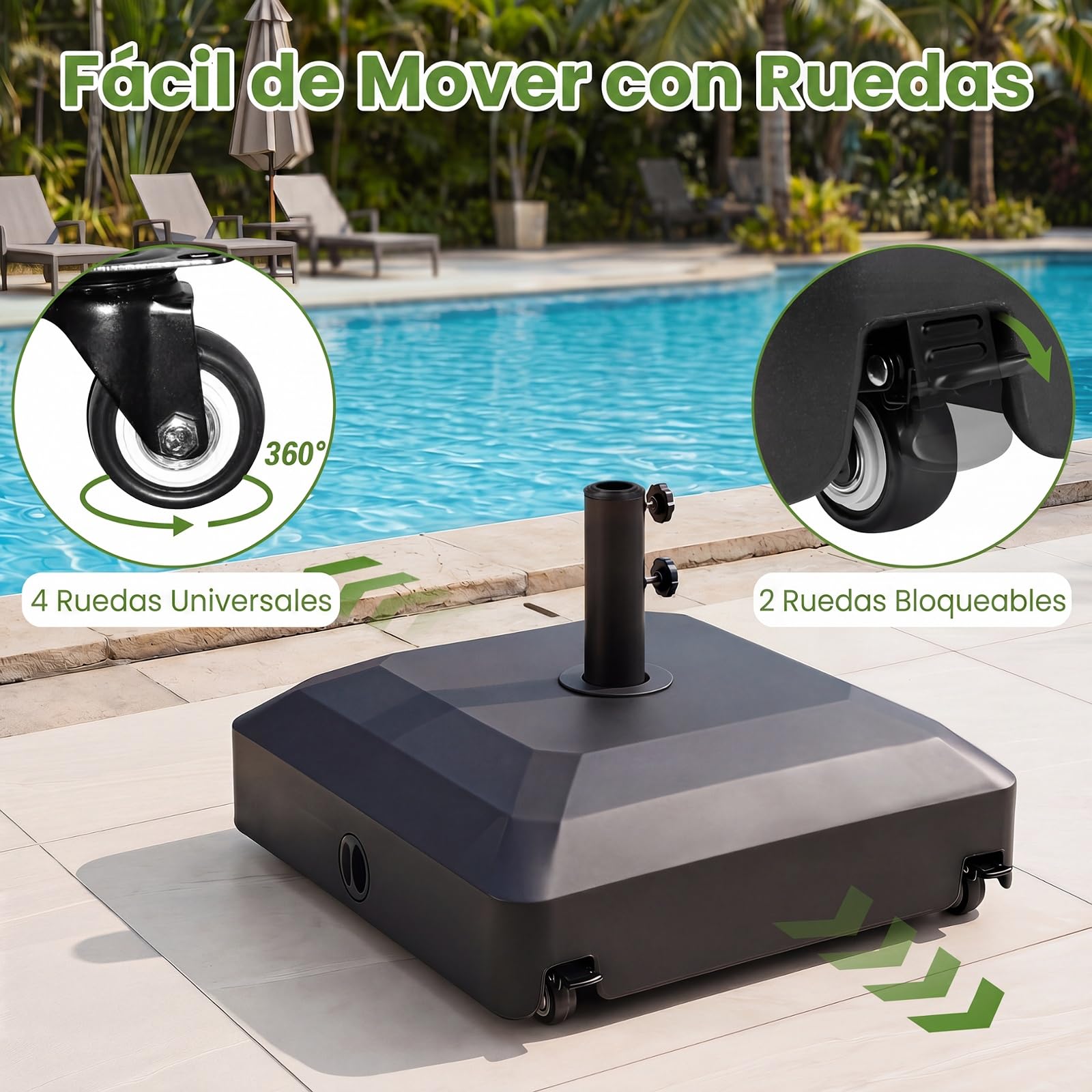 COSTWAY Base de Sombrilla con Ruedas, Pie Sombrilla Rellenable con Agua y Arena de 68 kg, 2 Frenos, 2 Perillas de Ajuste y 3 Adaptadores para Postes de 32/40/48 mm, Soporte de Parasol Terraza Exterior