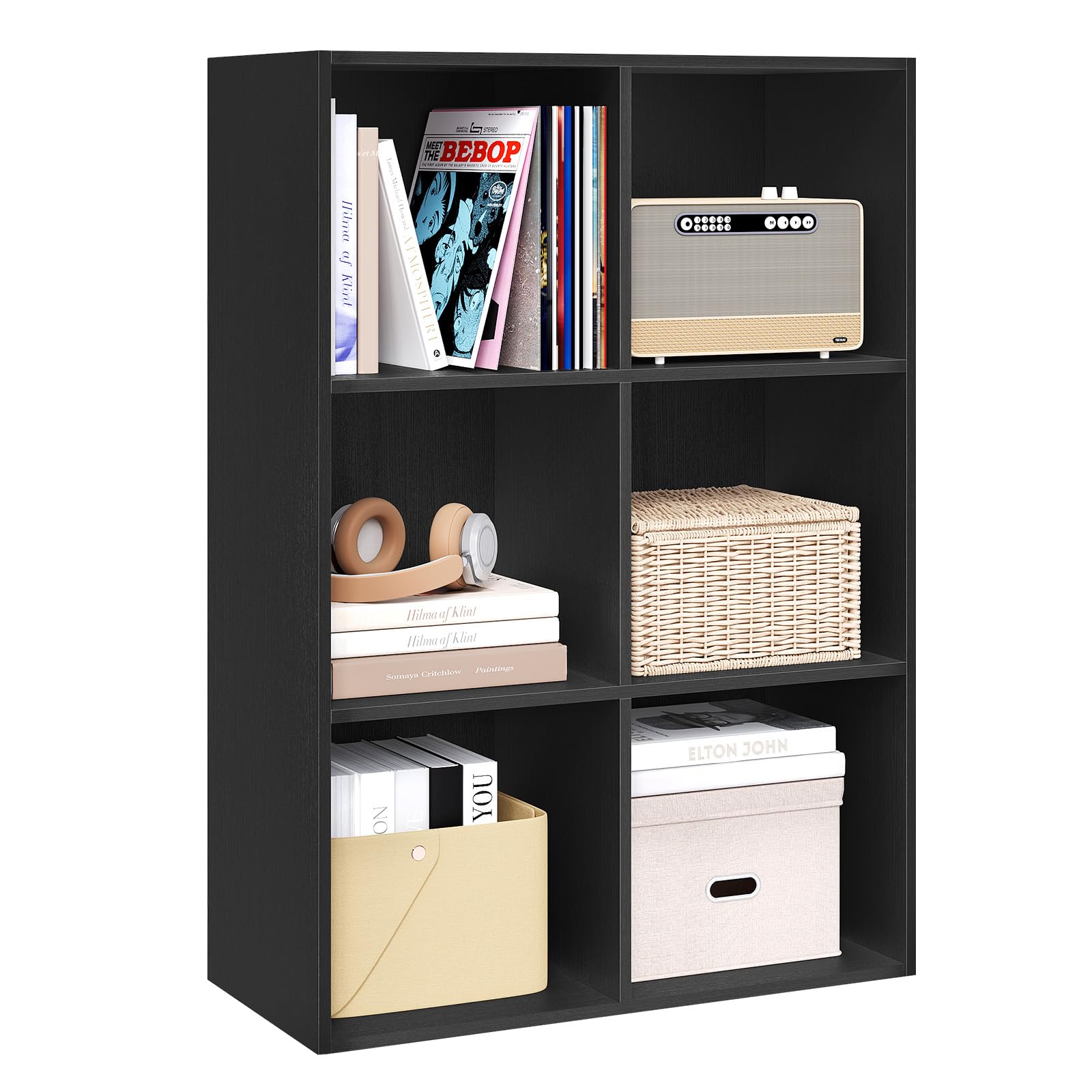 WOLTU Bücherregal mit 6 Fächern, Würfelregal Standregal, Regal für Wohnzimmer Arbeitszimmer Schlafzimmer Büro, Schwarz, 29x89x59,6 cm