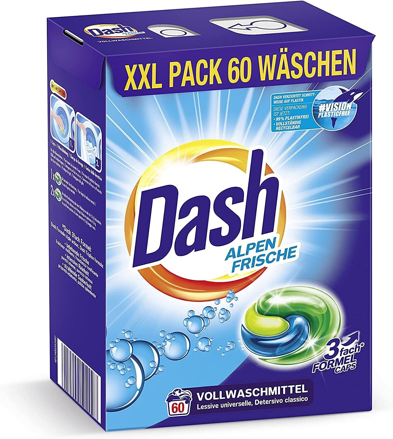 Dash Alpen Frische 3-in-1 Caps Sparpack | 60 Waschladungen | Waschmittel-Caps für weiße & helle Wäsche | 3-in-1 Formel für Frische, Reinheit & Sauberkeit | Dermatologisch getestet (1,49 kg)