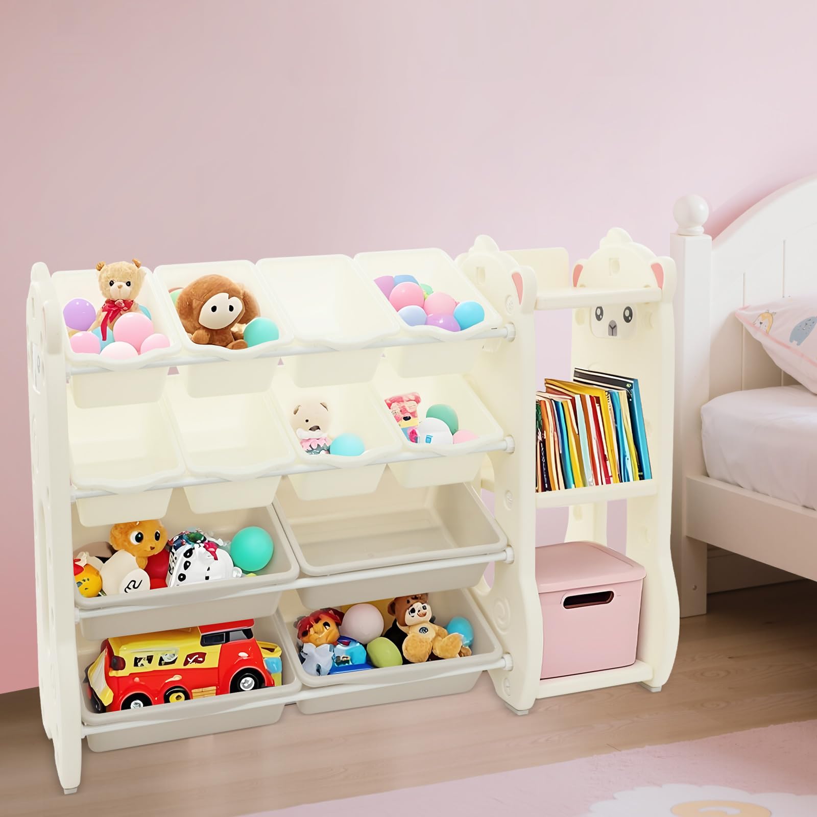 Scaffale per giocattoli per bambini con 12 vani portaoggetti, angoli arrotondati e imbottitura antiscivolo
