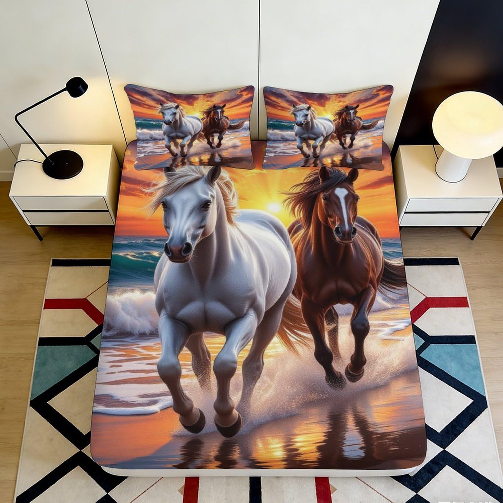 3D Printed Running Horses Fitted Sheet Microfiber Soft Durable Sunset Beach Bed Cover for Bedroom Dormitory Guest Room Mattress Protection Decor 160x200x25cm