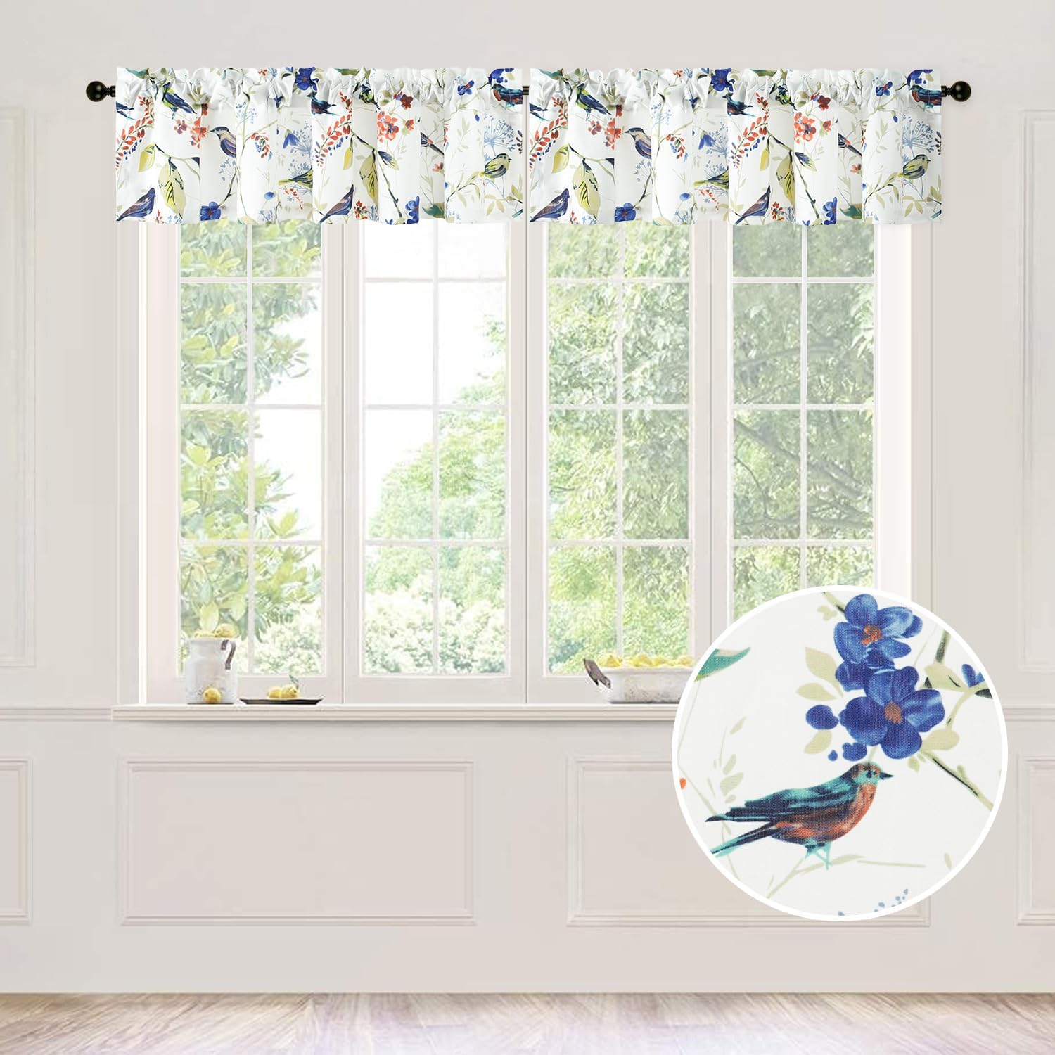 Leeva Blue Small Window Curtains, Cute Birds Printing Kitchen Valances for Windows, Rod Pocket Top Durable Faux Linen Decorative Valances for Bedroom Living Room, 52 x 12