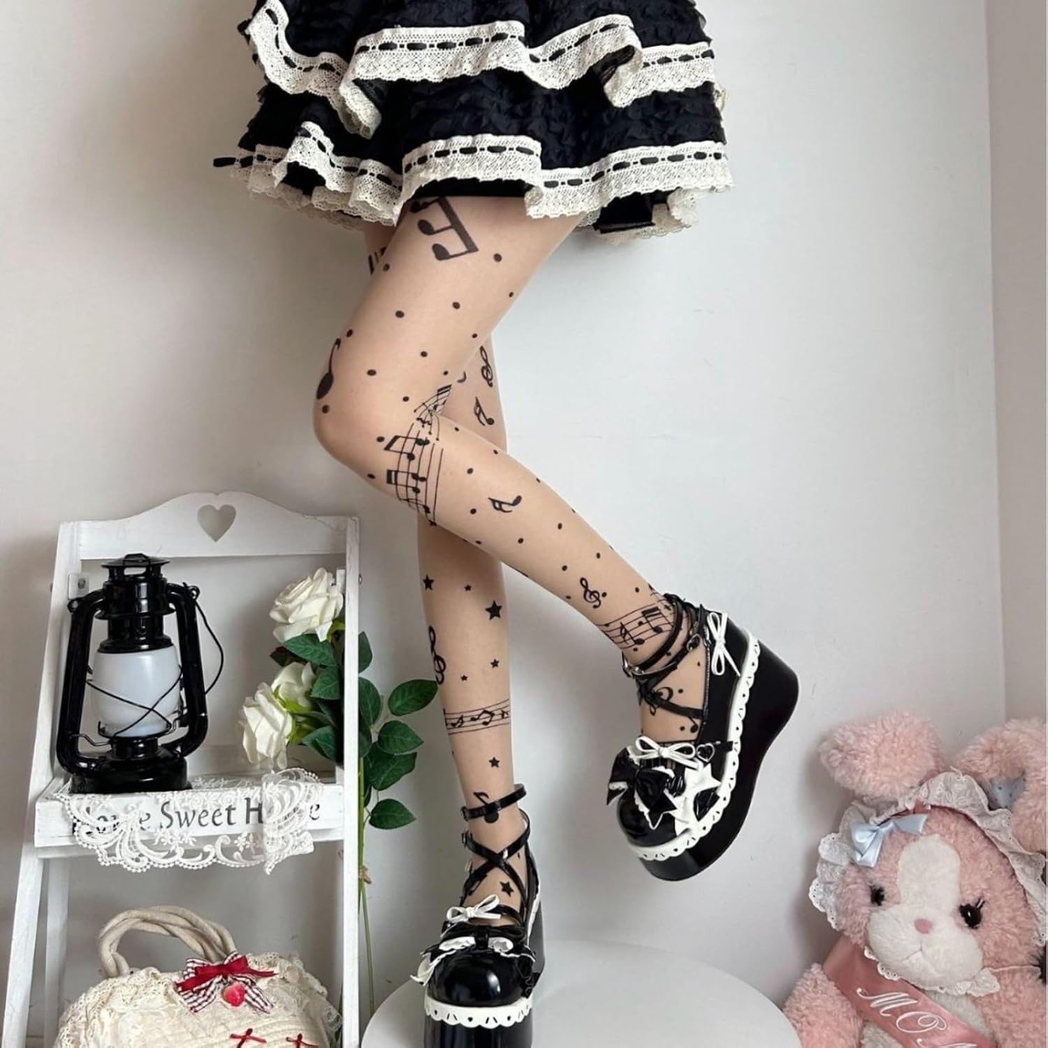 Womens Sheer Tights High Waist Patterned Tights Kwaii Transparent Thigh High Stockings Lolita Silk Thin Long Socks