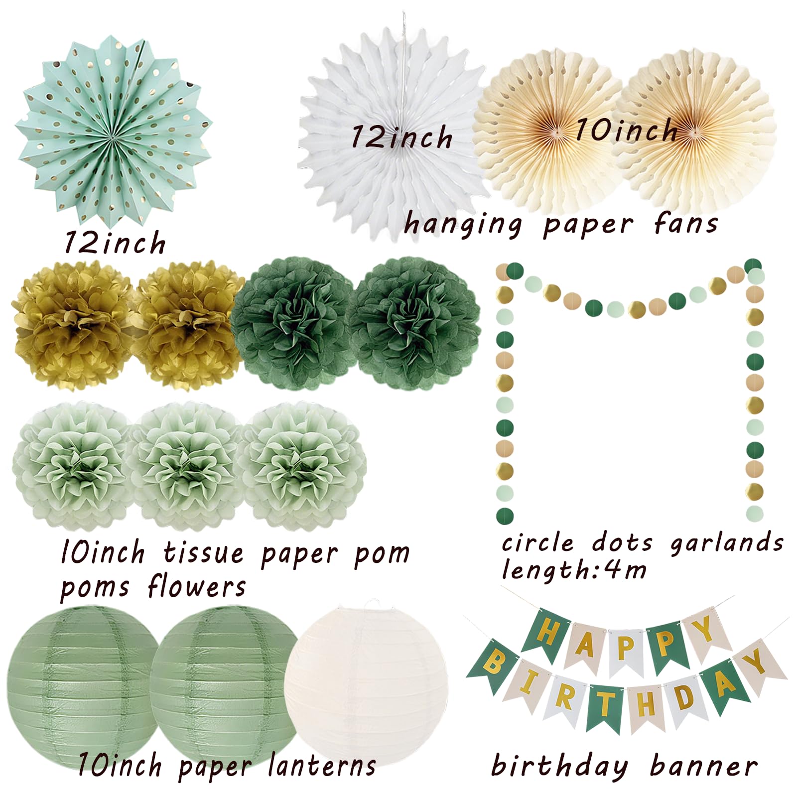 Verde salvia, decorazione di compleanno, decorazioni per feste di compleanno, verde salvia, verde salvia, verde salvia, carta velina, oro, pom poms, sacchetti di carta velina d'oliva, per decorazioni