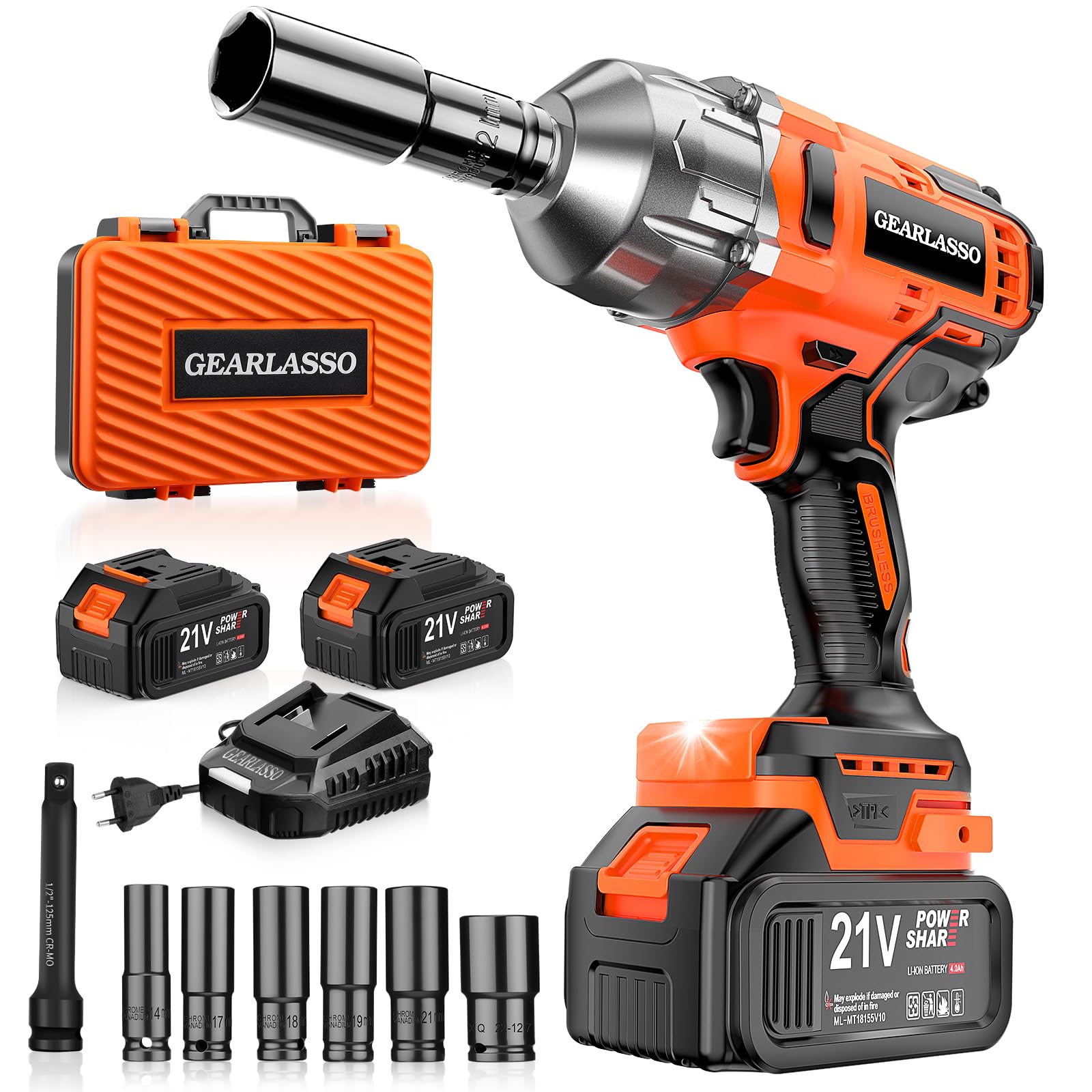 1500N.m Akku-Schlagschrauber 1/2 Zoll, 21V Brushless Hochdrehmoment-Schlagschrauber mit 2× 4,0Ah Akkus, 6 Stecknüssen, Ladegerät & Verlängerungsstange, Ideal für Auto
