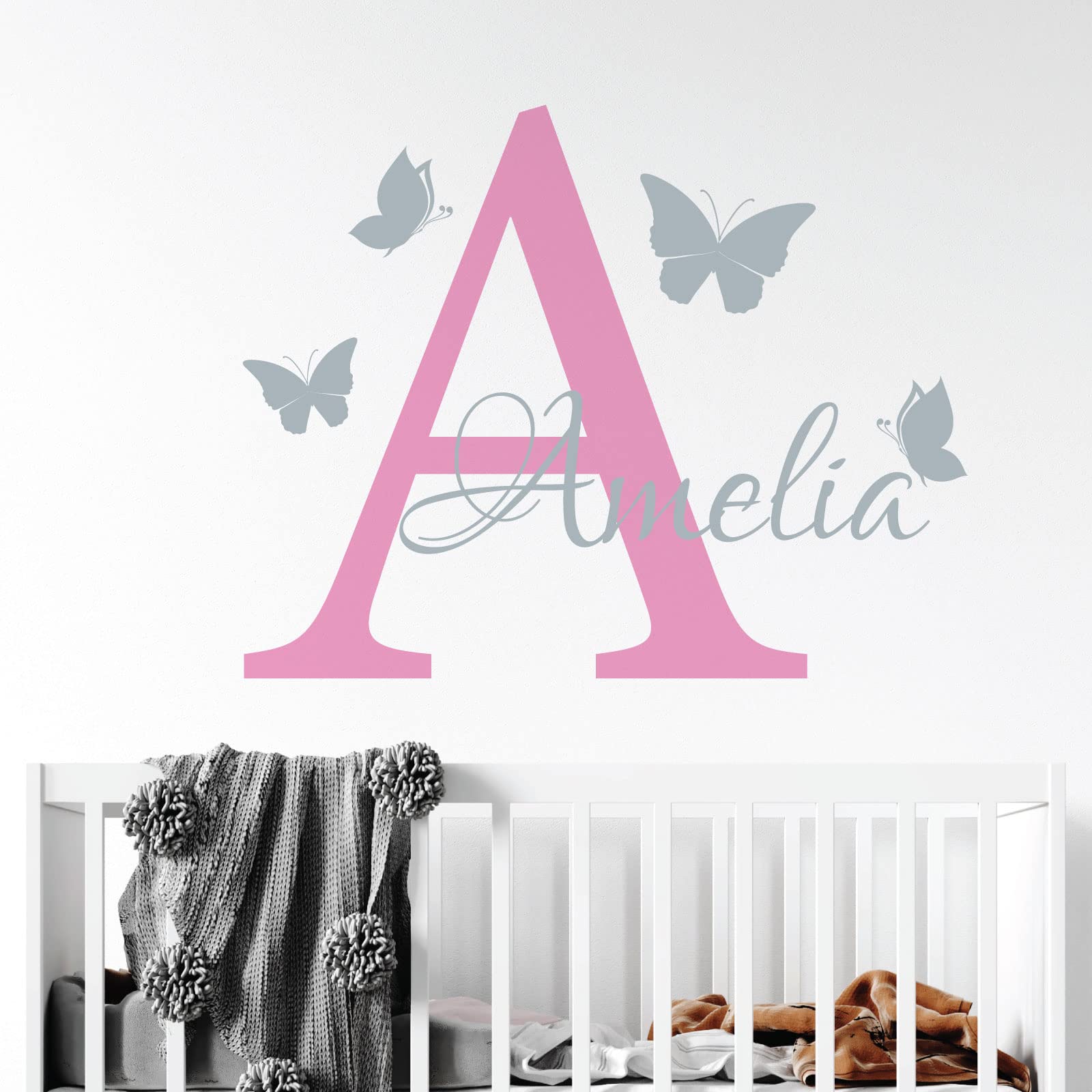 Personalised Name - Initial Letter and Butterflies - Baby Nursery Vinyl Wall Decal Sticker [Medium] [Pink] — image 1