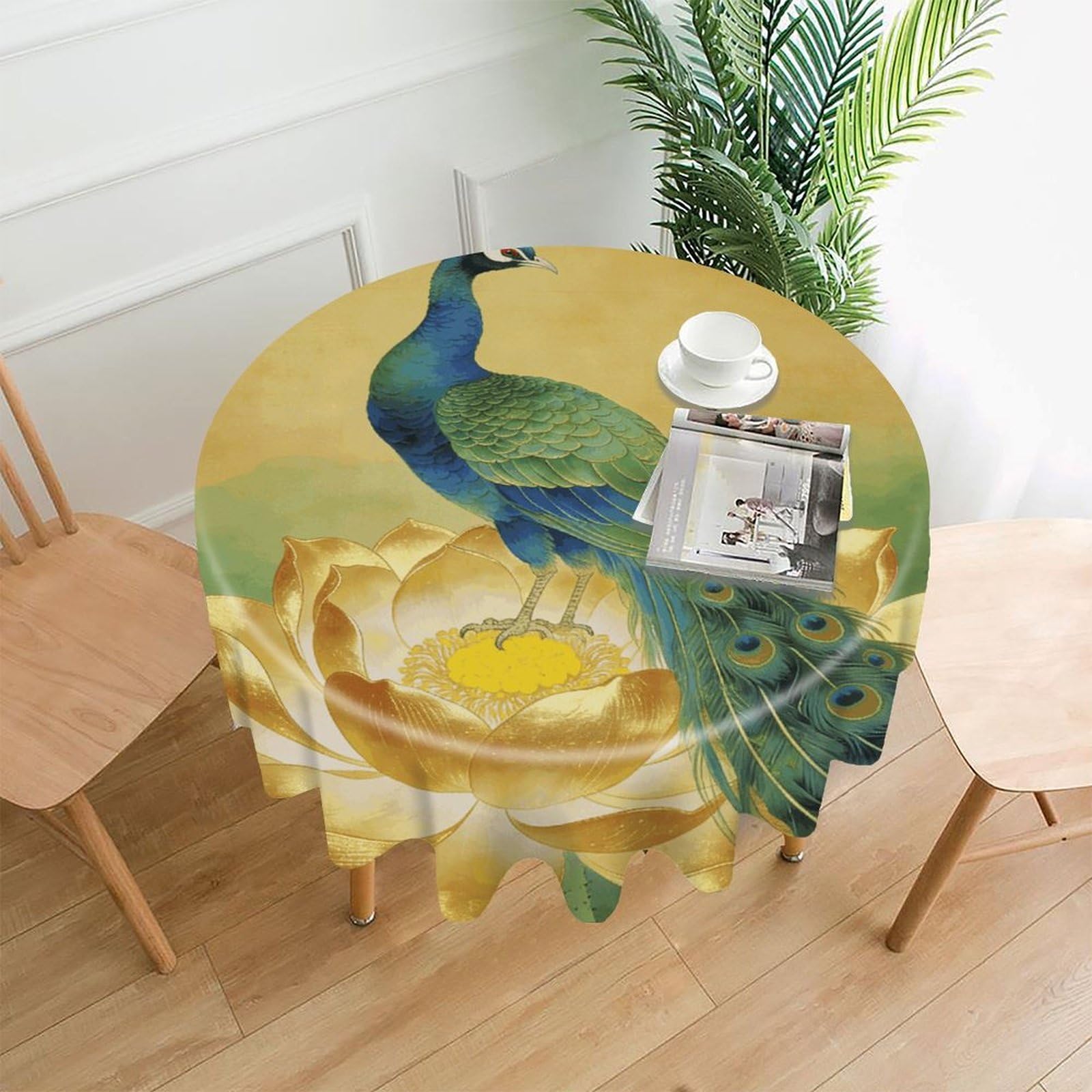 LZQPOEAS Peacock on Golden Lotus Tablecloth Easy to Clean Polyester Round Table Cover Washable Round Table Cloth Wrinkle-Free Circle Decoration Tablecloth for Kitchen and Dining Room 60"