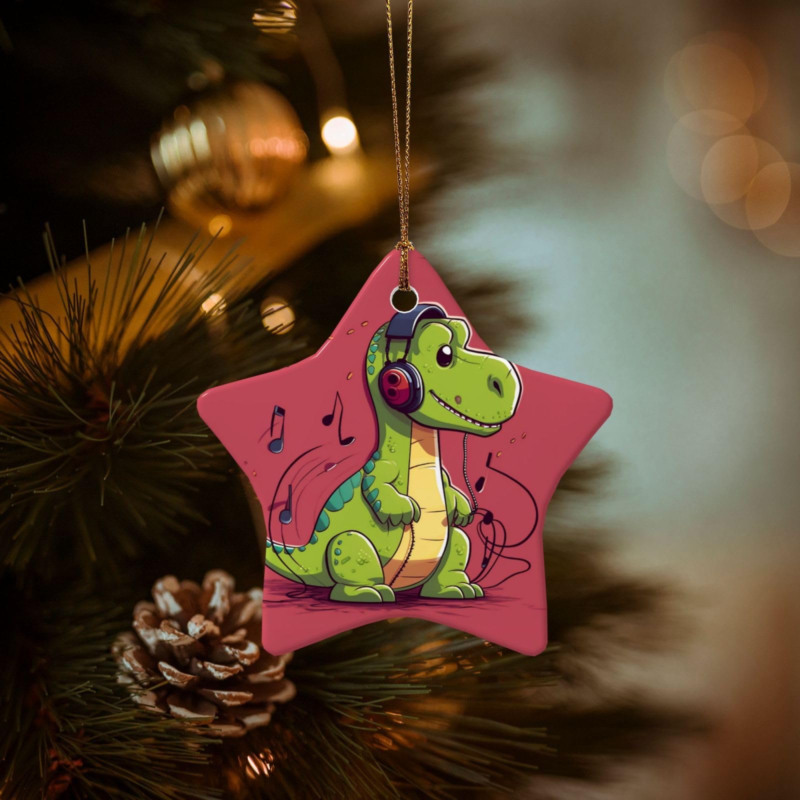 Christmas Tree Ornaments Ceramics Christmas Decorations Dinosaur Wearing Headphones Ornaments with Gold Ribbon Porcelain Xmas Tree Crafts Star Shape Hanging Pendant for Christmas Tree Party Decor