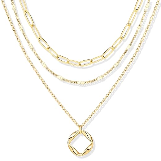 Layered Gold Necklaces for Women,Stackable Dainty 14K Gold Silver Plated Trendy Circle Paperclip Chain Pendant Choker Necklace,Simpl Diamond Cross Bow Jewelry Set Gifts for Women