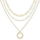 Layered Gold Necklaces for Women,Stackable Dainty 14K Gold Silver Plated Trendy Circle Paperclip Chain Pendant Choker Necklace,Simpl Diamond Cross Bow Jewelry Set Gifts for Women