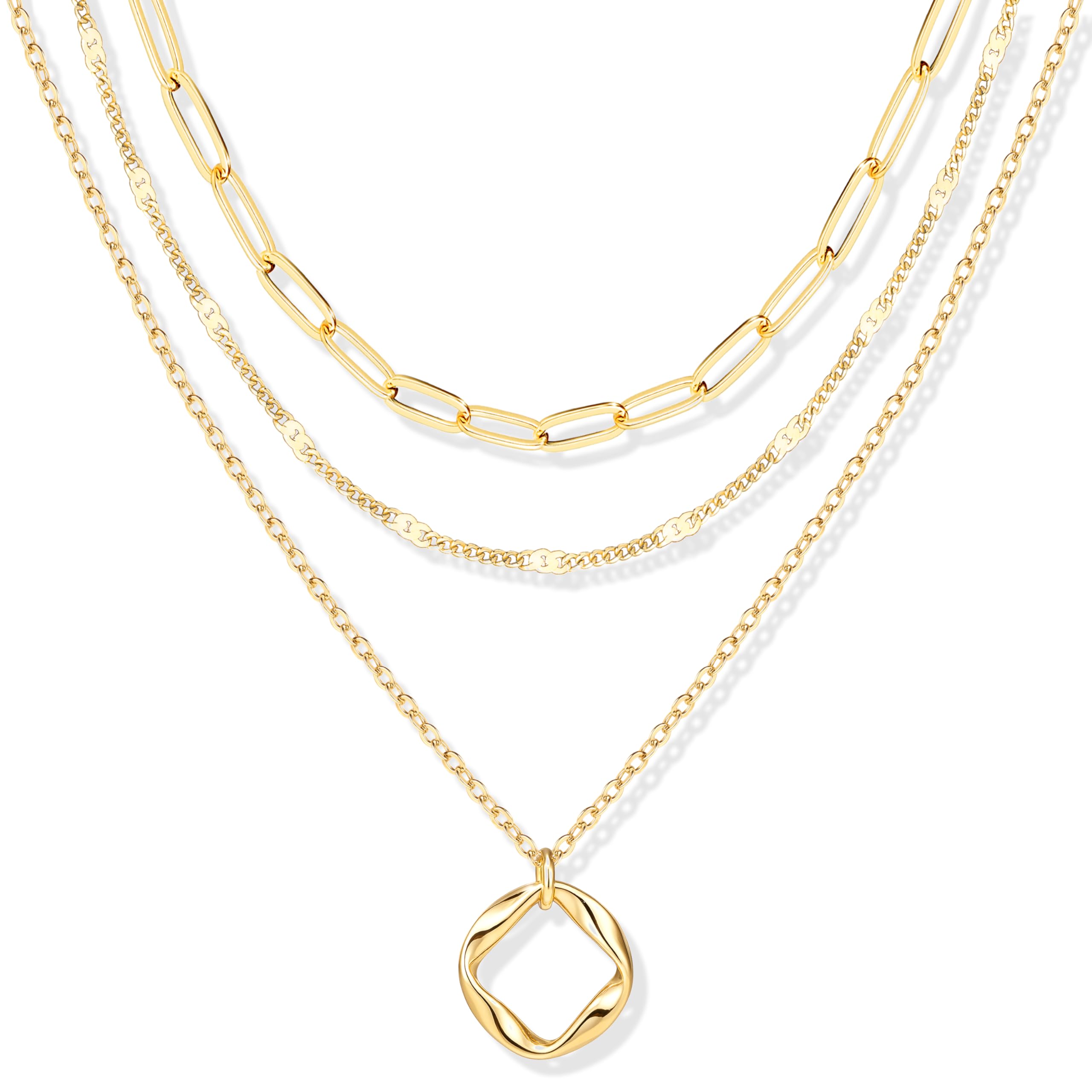 Layered Gold Necklaces for Women, Stackable Dainty 14K Gold Silver Plated Trendy Circle Paperclip Chain Pendant Choker Necklace,Simpl Diamond Cross Bow Jewelry Set Gifts for Women