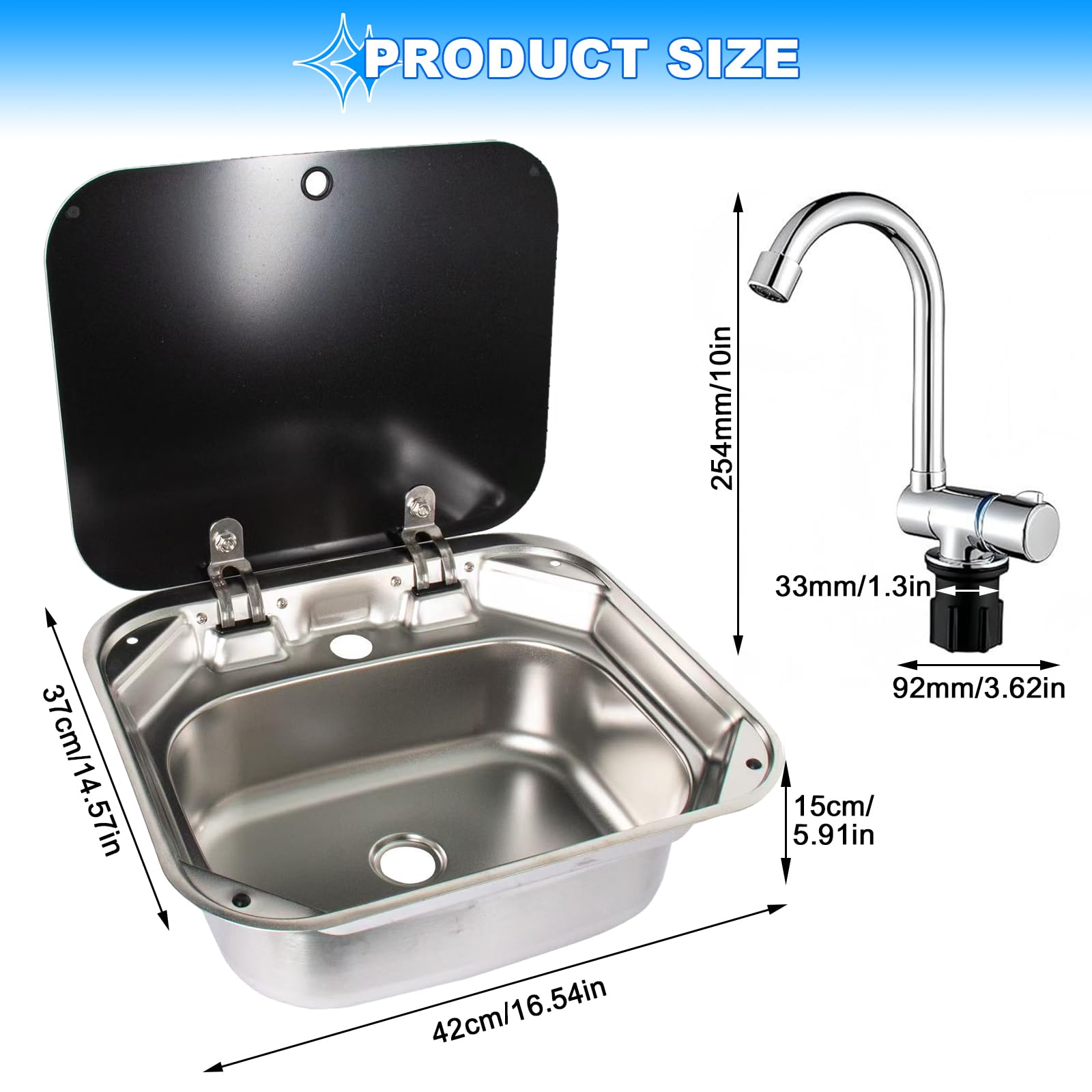 RV Camping Spüle Bausatz mit Klappbarem Wasserhahn, 42 * 37 * 15 cm Edelstahl Camping Spülbecken mit Deckel, Wohnmobil Spülbecken für Wohnmobile und Wohnwagen
