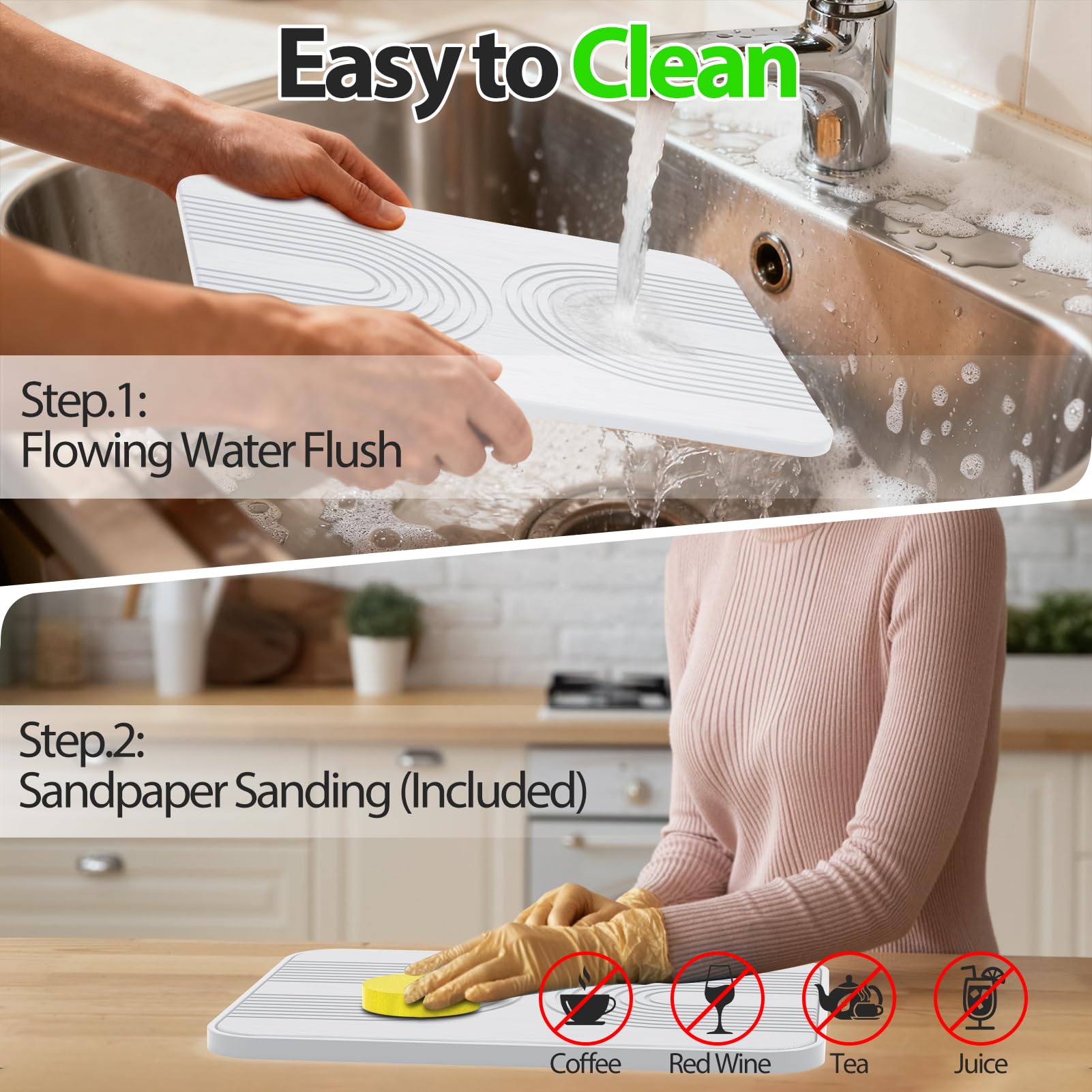 Tapis Egouttoir Vaisselle Stone, Tapis de Bain en Diatomite à Séchage Rapide, Tapis de Bain Antiderapant, 2 Tapis de Séchage Pour Vaisselle, 2 Patins Antidérapants en Silicone, Lot de 4 Blanc