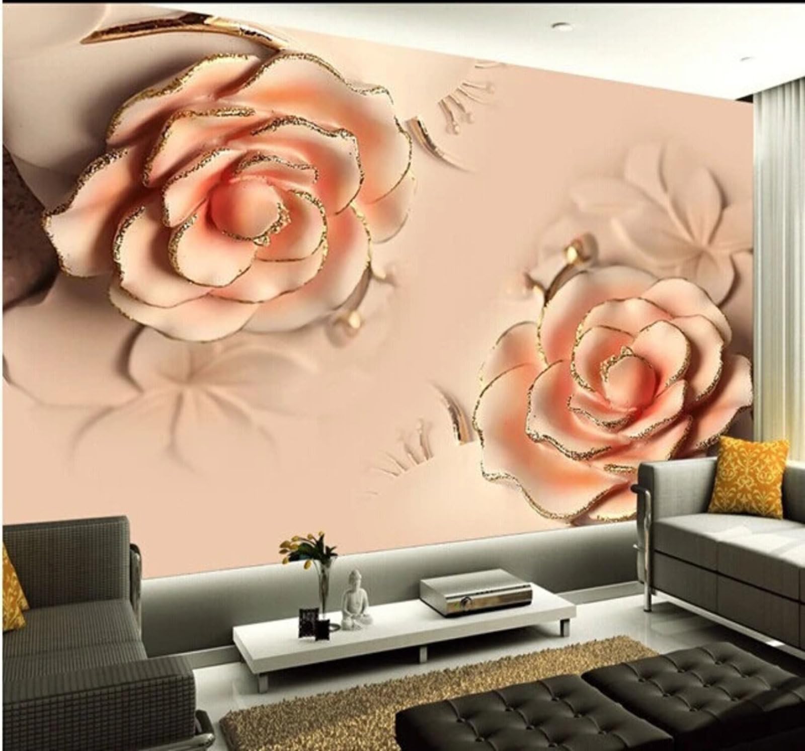 Wallpaper-3D-Xlm 350Cm×256Cm(B×H) Relief Three Dimensional Minimalist Beautiful Roses 3D Wallpaper Easy Install Feature Office Living Room Sofa Bedroom Tv Background Wall Decoration-350Cm×256Cm