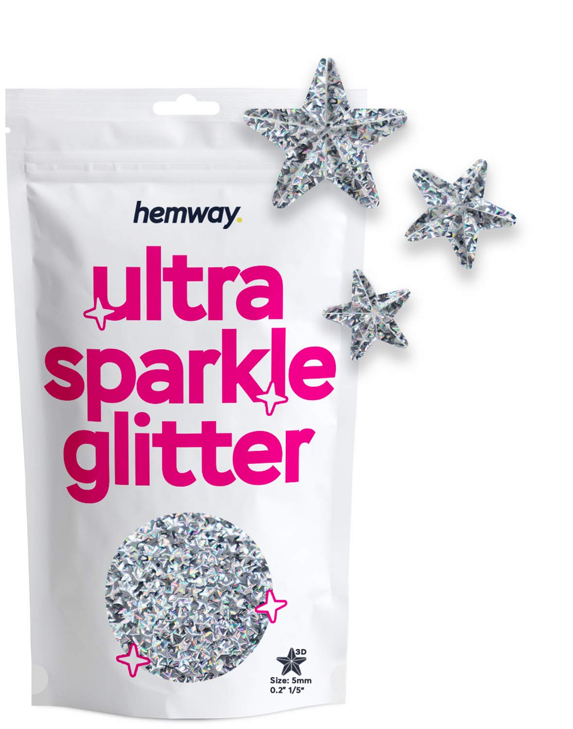 Hemway Ultra Sparkle Glitter 3D Star Shape, 50g, Silver Holographic
