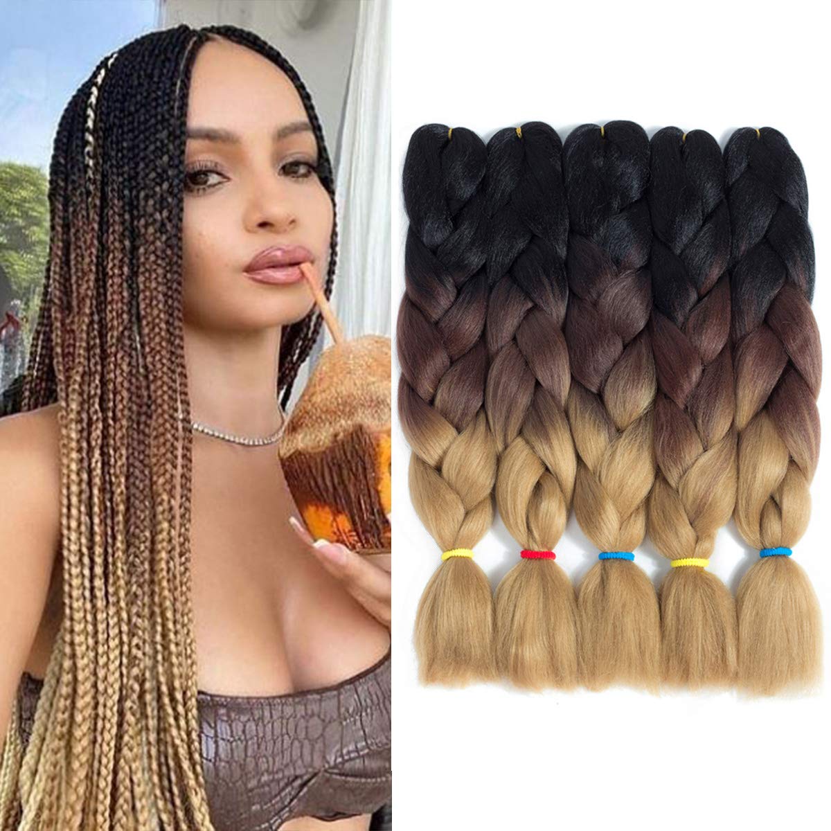LOSMOEER 24 Inches Jumbo Braiding Crochet Hair Box Braids 5Pcs/Lot Jumbo Braiding Hair Synthetic for Senegalese Twists Hair Extensions (3 Tone Black-Chocolate-Linen)