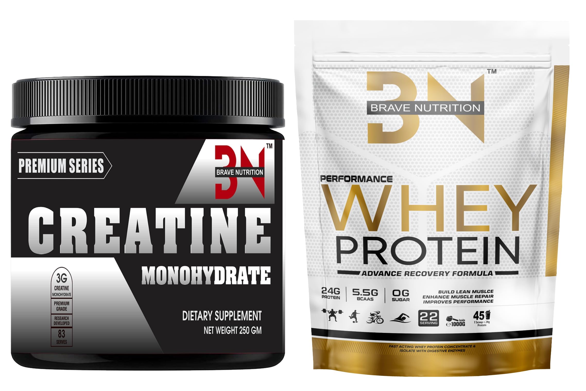 Brave Nutrition Creatine Monohydrate, Creatine Powder for Muscle Gain, More Strength, and Faster Workout Recovery [83 Servings, Orange Flavor] + Brave Nutrition Performance Whey Muscle Gain, Strength, Muscle Recovery, Fast Absorbing Protein Powder for Men, Women & Athletes | 24g Protein, 5.5g BCAA [1Kg, Mango]