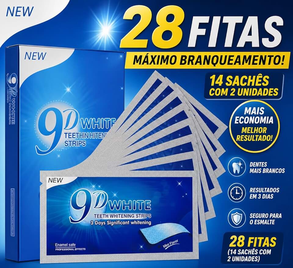 Fitas Branqueadoras de Dentes 9D White, Tiras de Clareamento Dental com Sabor Menta, Refrescante e Confortável 14 envelopes contendo 28 fitas efeito 5d