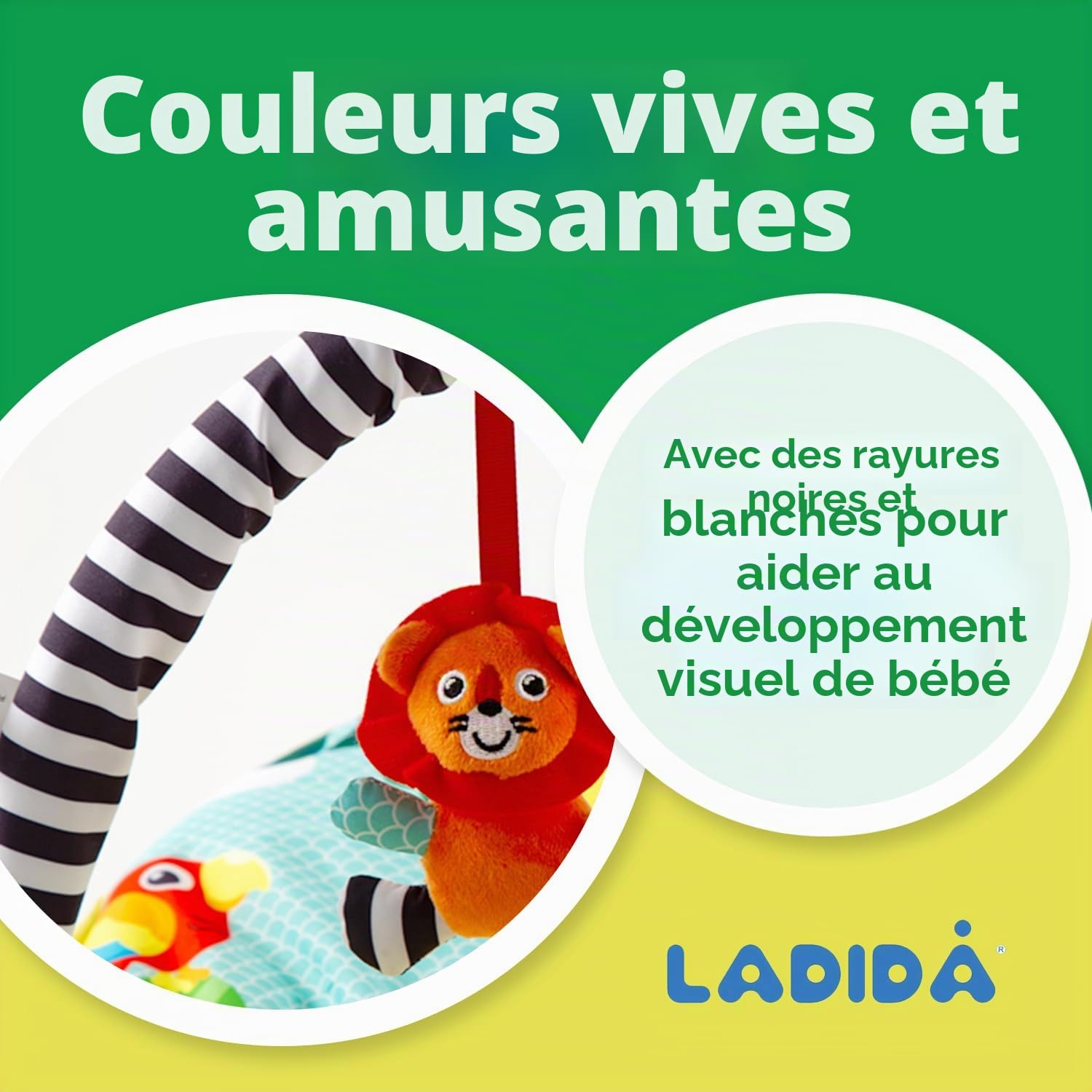 LADIDA Transat pour bébé, thème safari lumineux et coloré, musique apaisante et vibrations pour détendre et divertir