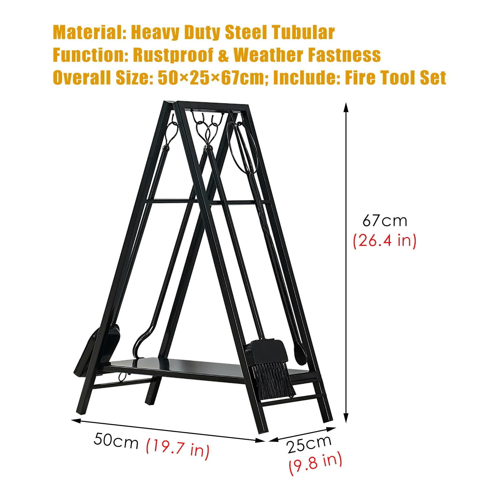 Trójkątny stojak na drewno opałowe, metalowy uchwyt z narzędziami kominkowymi, przechowywanie drewna do użytku wewnątrz i na zewnątrz, 50 × 25 × 67 cm – czarny