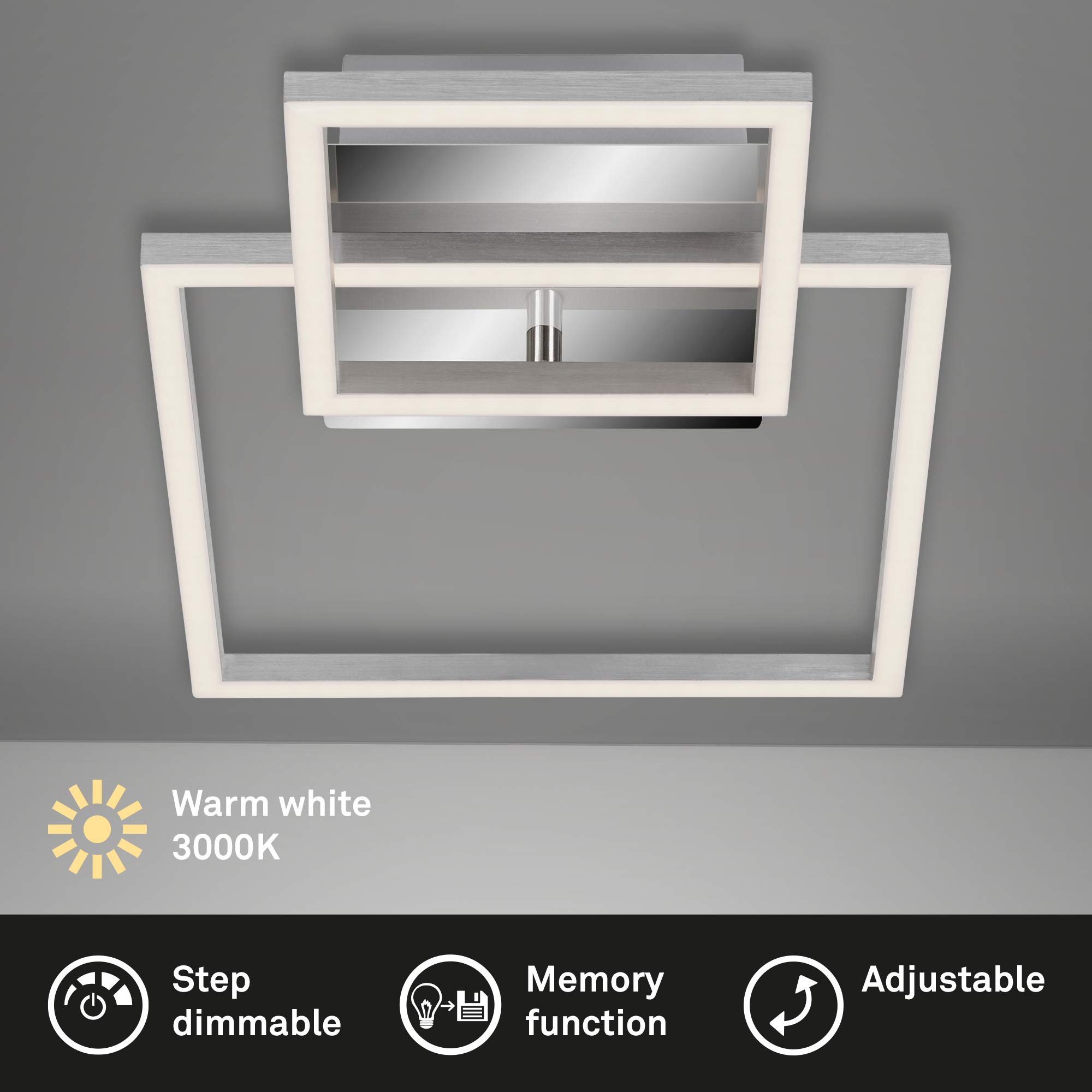 Briloner Leuchten - Lampa sufitowa, lampa sufitowa ściemniana, wraz z funkcją pamięci, 1 moduł LED obrotowy, 19,6 W, 1500 lumenów, 3000 kelwinów, chromowane aluminium, 358 x 260 x 75 mm (dł. x szer. x wys.), 3118-018