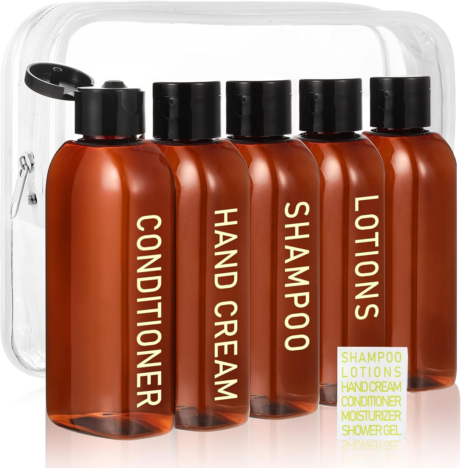 5 pack travel bottles for toiletries, 3.4oz tsa approved travel size containers, leak proof refillable travel accessories for shampoo conditioner, plastic travel bottles with toiletry bag and label. amber