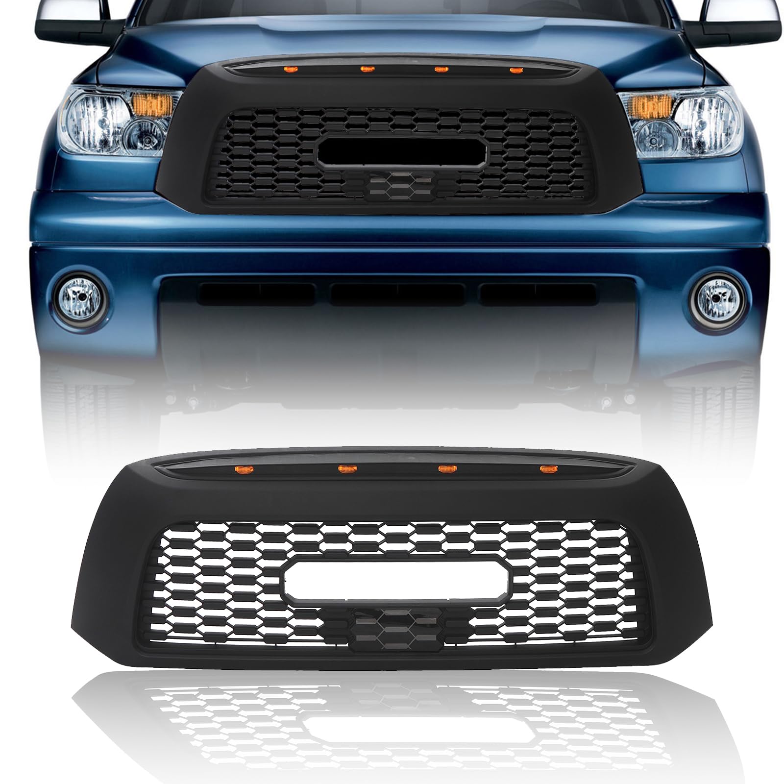 Front Grille Compatible with 2007-2009 Tundra, TRD Style Grille Replacement Mesh Design ABS Front Grill with Lights and Letters, Matte Black