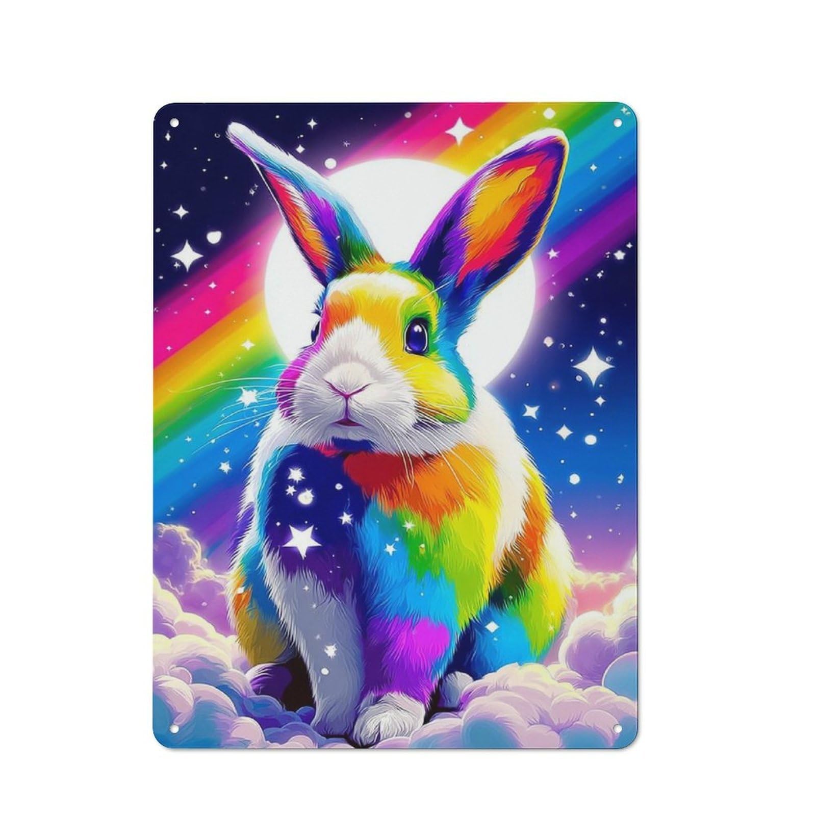 Junmoney Rainbow Bunny In Clouds -3 Metal Wall Plaque With Design 40X30cm, Retro Small Space Decor For Flat, Dorm Room, Lounge Or Cafe