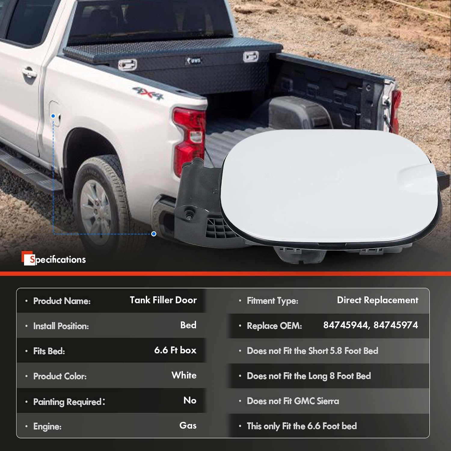 Fuel Tank Filler Pipe Housing with Cap Door Fit for Chevy Silverado 1500 2019-2025 - Only Fit Chevrolet Gas 6'6" Bed - Gas Cap Tank Door Cove Pocket Assembly Replace# 84745944, 84745974 - White