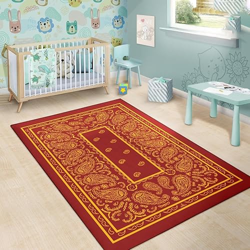 Miniatura 6 de Alfombra de área personalizada, color rojo y dorado, alfombra de área moderna, alfombra de área de 3 x 5 pies, patrón de bandana negra, alfombra