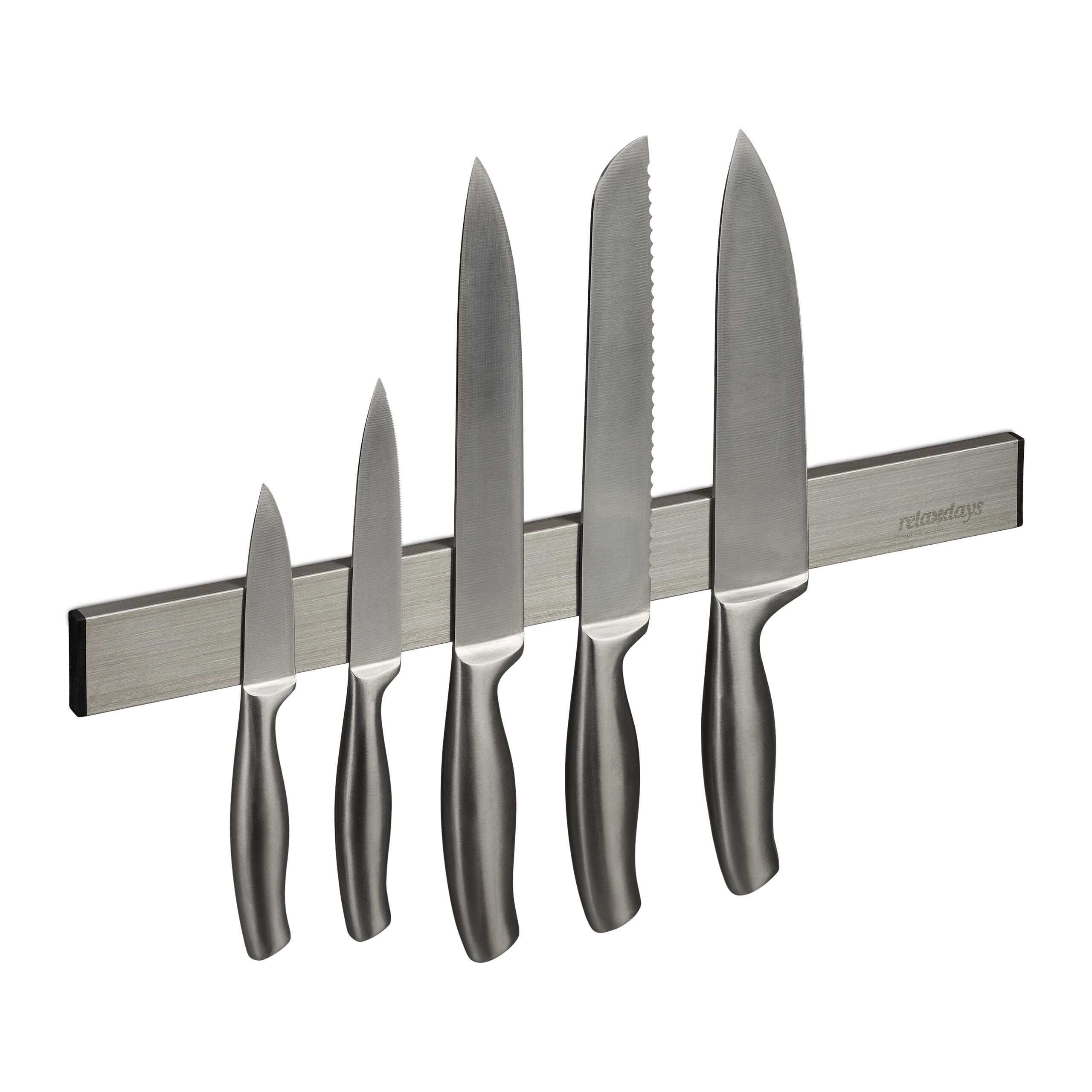 Relaxdays Barra Magnetica Portacoltelli in Acciaio Inox, Autoadesiva, Asta Lunga 40 cm, Guida a Parete, Argento Nero