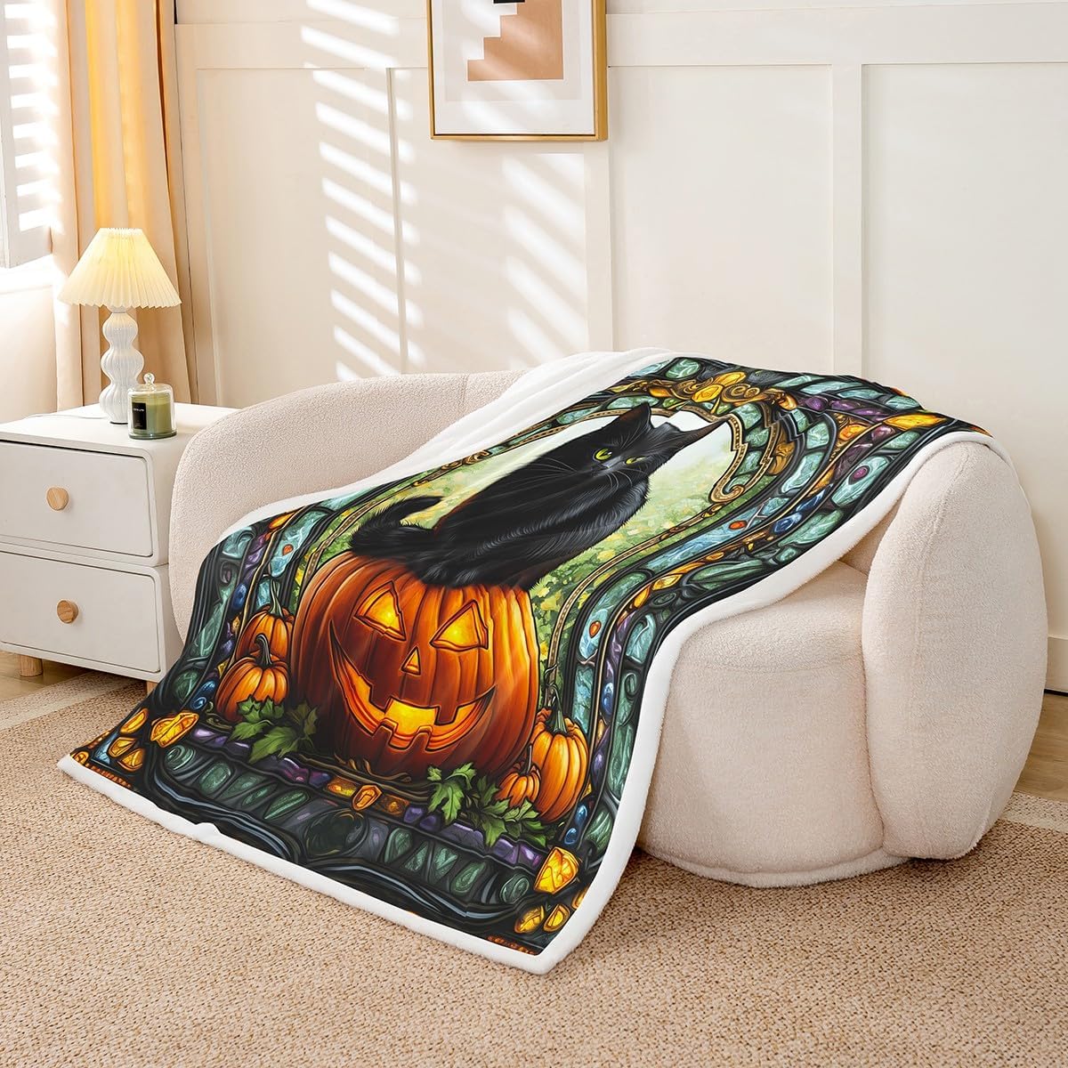 Manfei Black Cartoon Cat Kids Throw Blanket,Pumpkin Lamp Happy Halloween Gothic Girls Boys Bed Blanket,Geometric Patchwork Fall Rustic Fuzzy Blanket,40 x 50 Inches