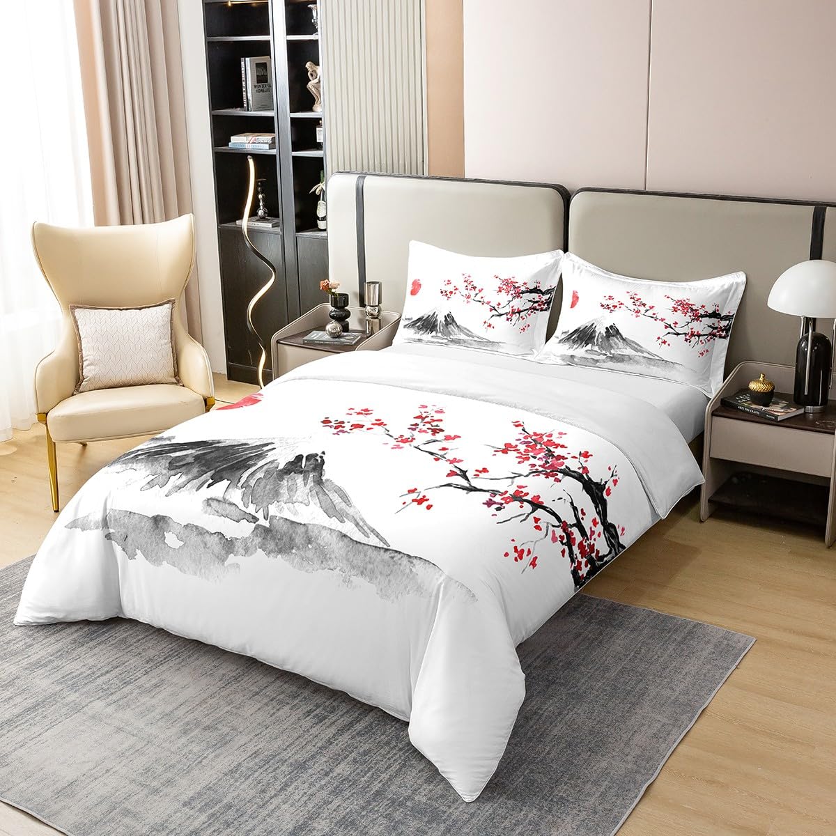 Loussiesd Japanese Style Cotton Duvet Cover Set King Set Exotic Fuji Mountain Printed Bedding Set Girls Women Men Cherry Blossom Comforter Cover Soft Cotton Soft Red Floral Bedspread Cover with Ties - Image 2