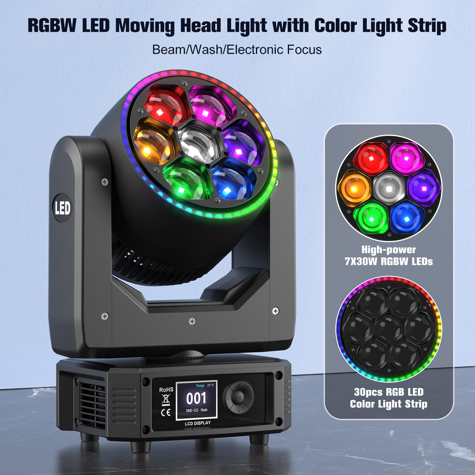 300W Testa Mobile Luce di Festa RGBW LED, Wash Palcoscenico Lampada a Spot Beam Zoom Luce spettacolo DMX512 Strobo Z-asse 360° Rotazione infinita per Discoteca DJ Natale Matrimonio
