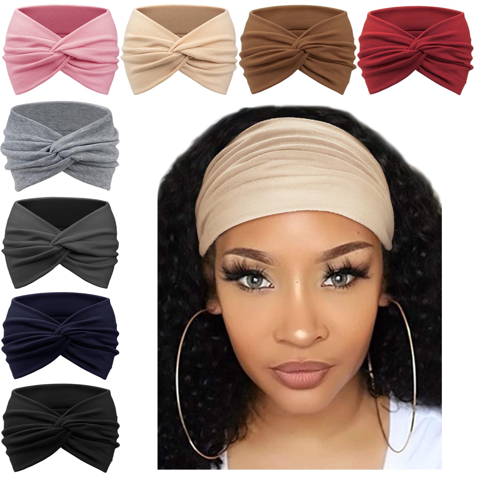 AQOKKA Extra Wide Headbands for Women Large Turban Headband Non Slip Boho Elastic Hairband Hair Twisted Knot Head Bands Accessories