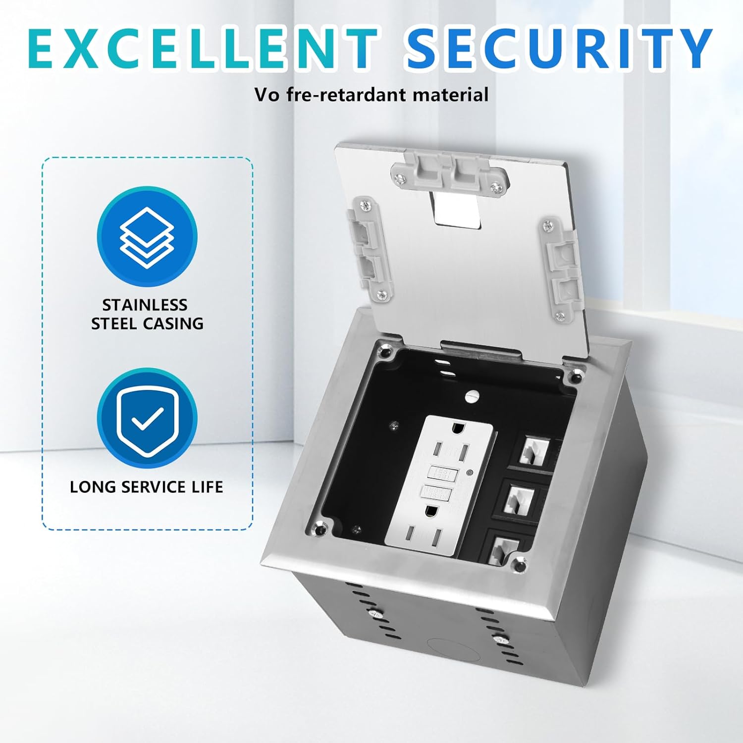 KYHSHJ Recessed Flat Hidden Socket Kit with 2 * 15 Amp Stainless Steel GFCI Tamper Receptacle Outlet+3-Port RJ45 Datacom Receptacle. Internal Height Adjustable，Corrosive Resistant Hardware，Silver