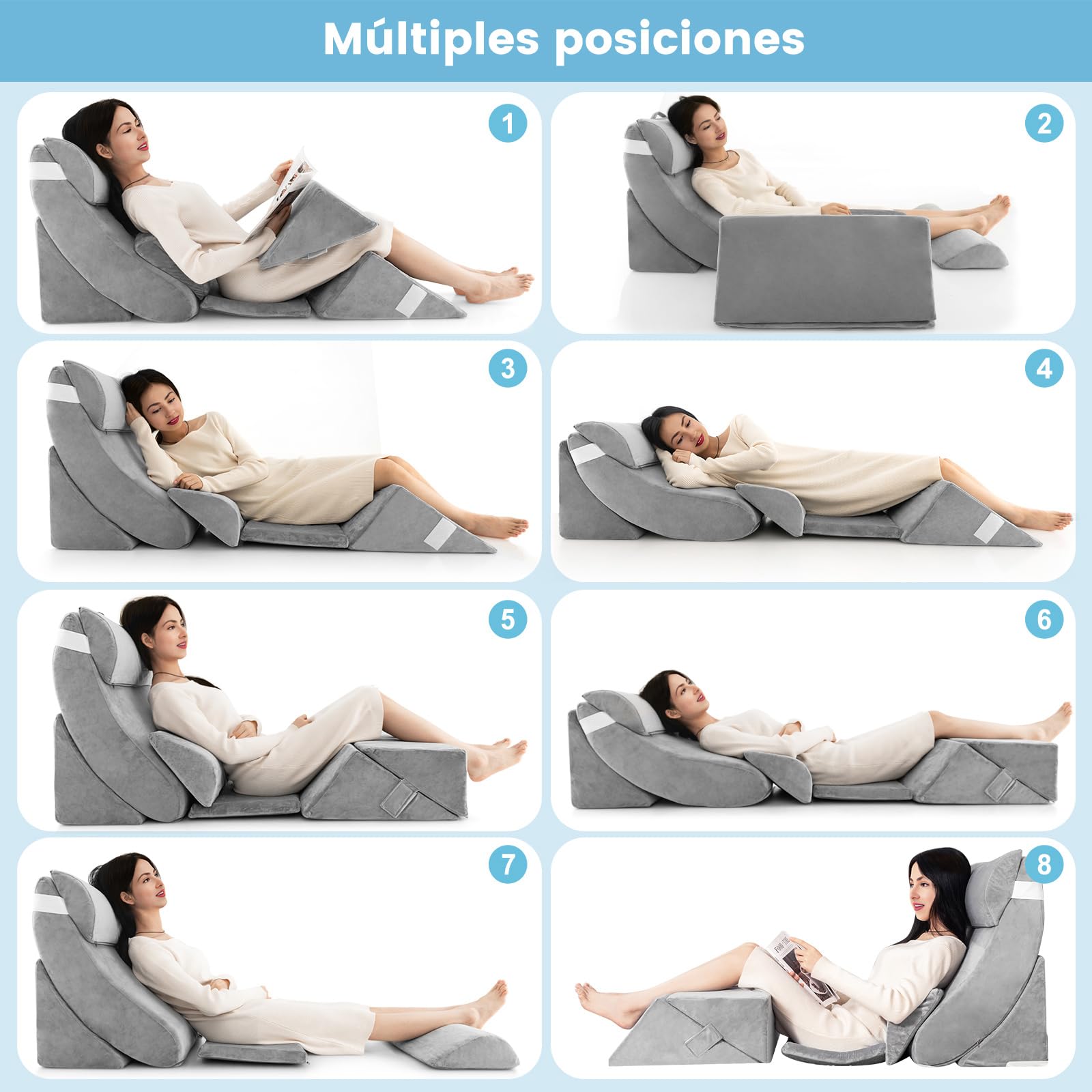 COSTWAY 7 Piezas Respaldo Cama, Almohadas de Cuña Ajustables de Espuma Viscoelástica para Cuello, Lumbar, Piernas, Almohada Lectura Cama, Cojín de Lectura