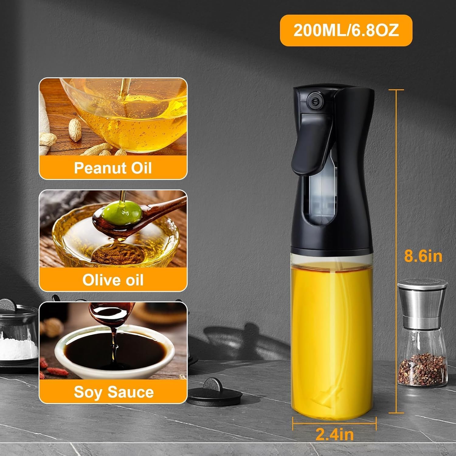 Oil Sprayer for Cooking- 200ml Glass Olive Oil Sprayer Mister, Olive Oil Spray Bottle, Kitchen Gadgets Accessories for Air Fryer, Canola Oil Spritzer, Widely Used for Salad, Baking, Frying, BBQ