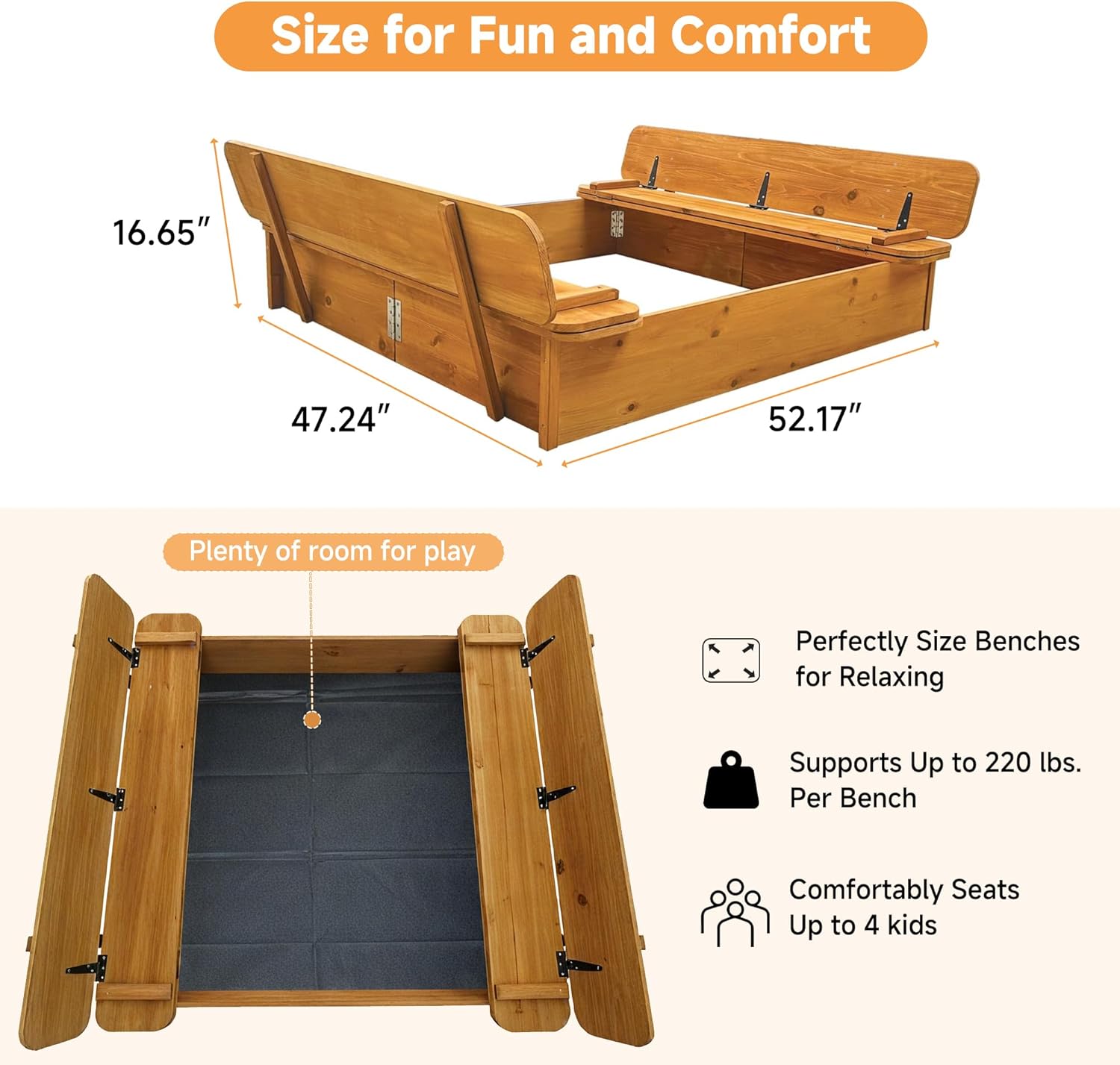 Large Wooden Outdoor Sandbox with Lid Cover Foldable Bench Seat Bottom Liner Sand Box for Garden Patio Beach Backyard Play Sand Pit Aged 3-12 Years Old 48x48 inch (Brown-lidless)