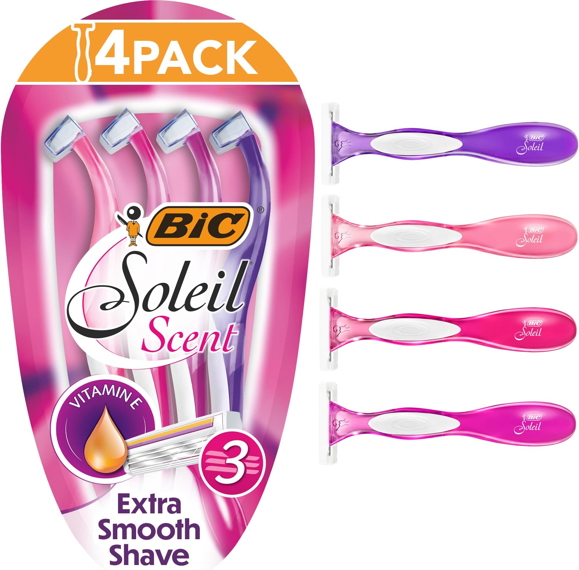 BIC Soleil Scent Disposable Razors for Women, Triple Blade, Pack of 4