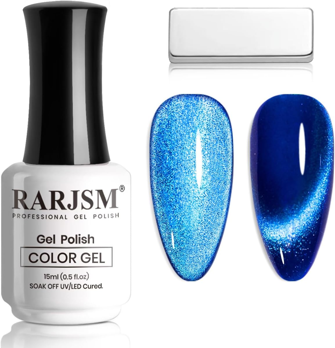 RARJSM Magnetic Cat Eye Gel Nail Polish Blue Silver Glitter 15ml 9D Cateye Galaxy Universal Shimmer Velvet Ice Gel Polish Single Bottle with Magnet Stick UV LED Curing Require Soak Off Home Salon