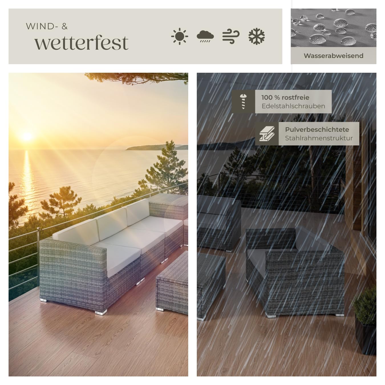 tectake Polyrattan Sitzgruppe mit Aufbewahrungsbox für Polster, Tisch mit Glasplatte, frei zu gruppierendes Gartenmöbel Set, Rattan Lounge für den Garten – Balkonmöbel, Balkonmöbel Kleiner Balkon