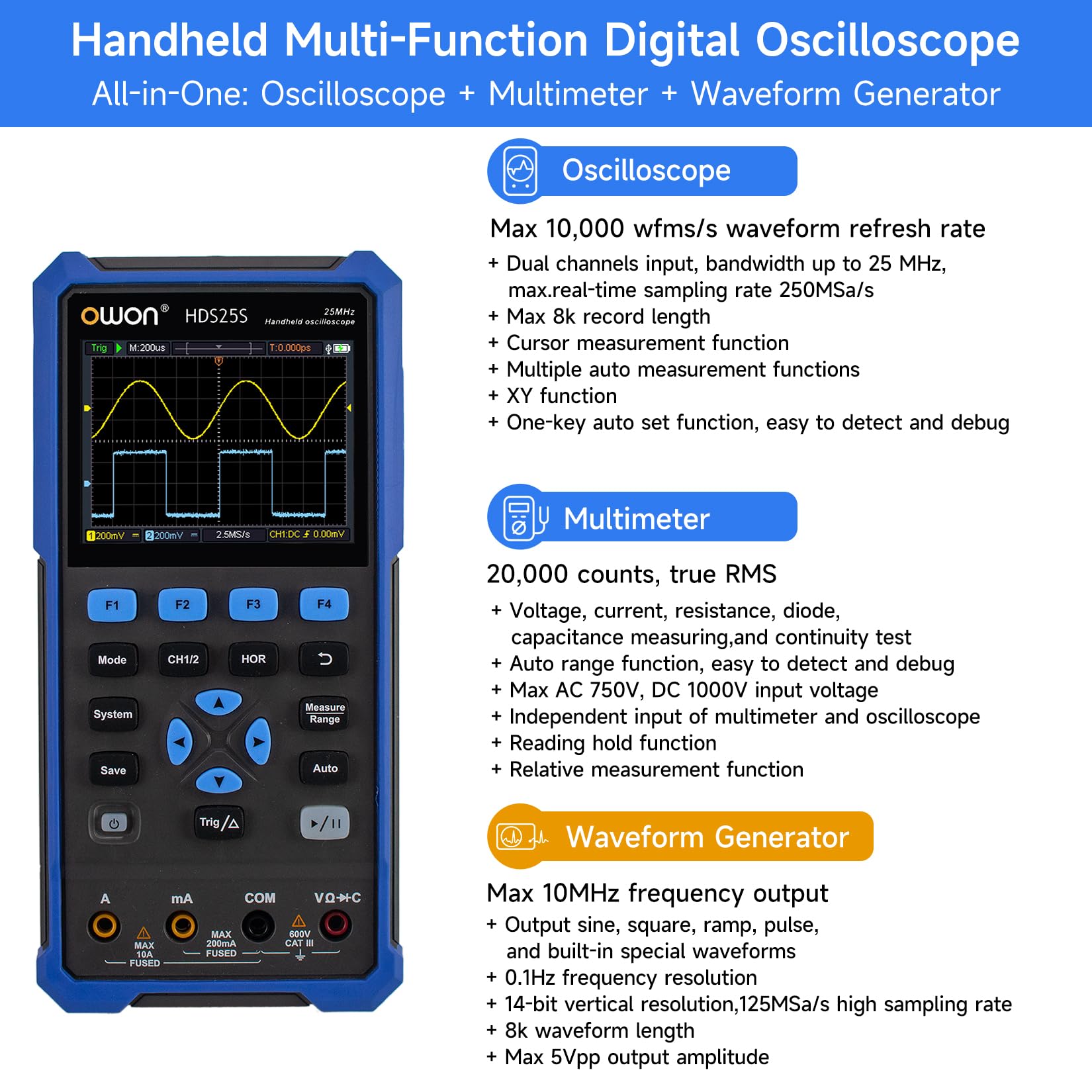 OWON HDS25S 3 in1 Hand Digitaloszilloskop, 25 MHz Bandbreite, 2 Kanal Digitaloszilloskop mit 1 Kanal Wellenformgenerator, 20000 Zähl Multimeter, mit USB Typ C und 3,5 Zoll LCD Display