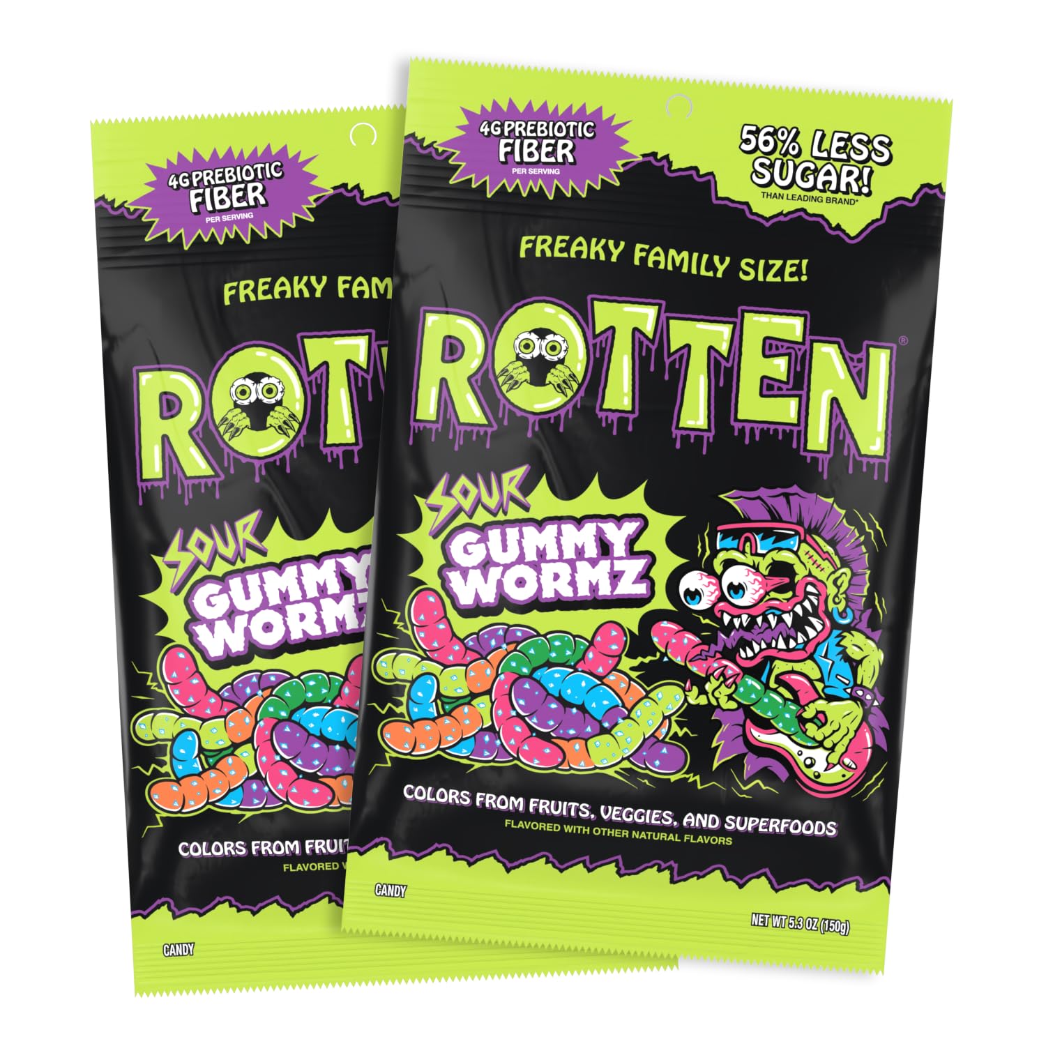 Rotten Sour Gummy Worms - Low Sugar, Low Calorie, 7g Gut-Friendly Prebiotic Fiber and 3g Protein, Gluten Free Candy - 5.3 oz Share Pack [2 Pack]