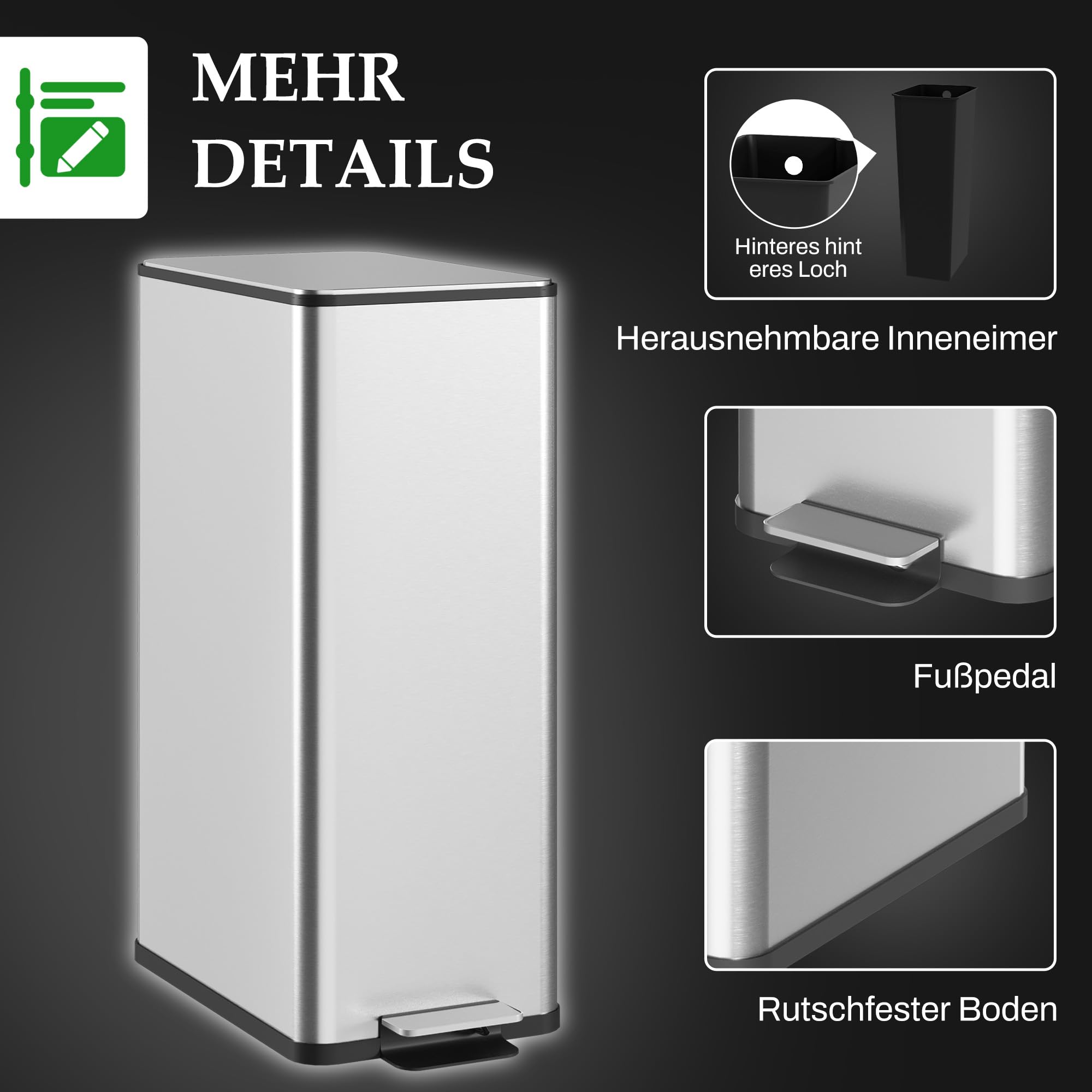 HOMCOM Mülleimer 20 L mit Softclose-Deckel Pedal 21,5 x 37,2 x 57cm Silber | Treteimer, Abfalleimer inkl. Inneneimer, Abfallsammler, Edelstahl, für Bad Schlaf- oder Wohnzimmer