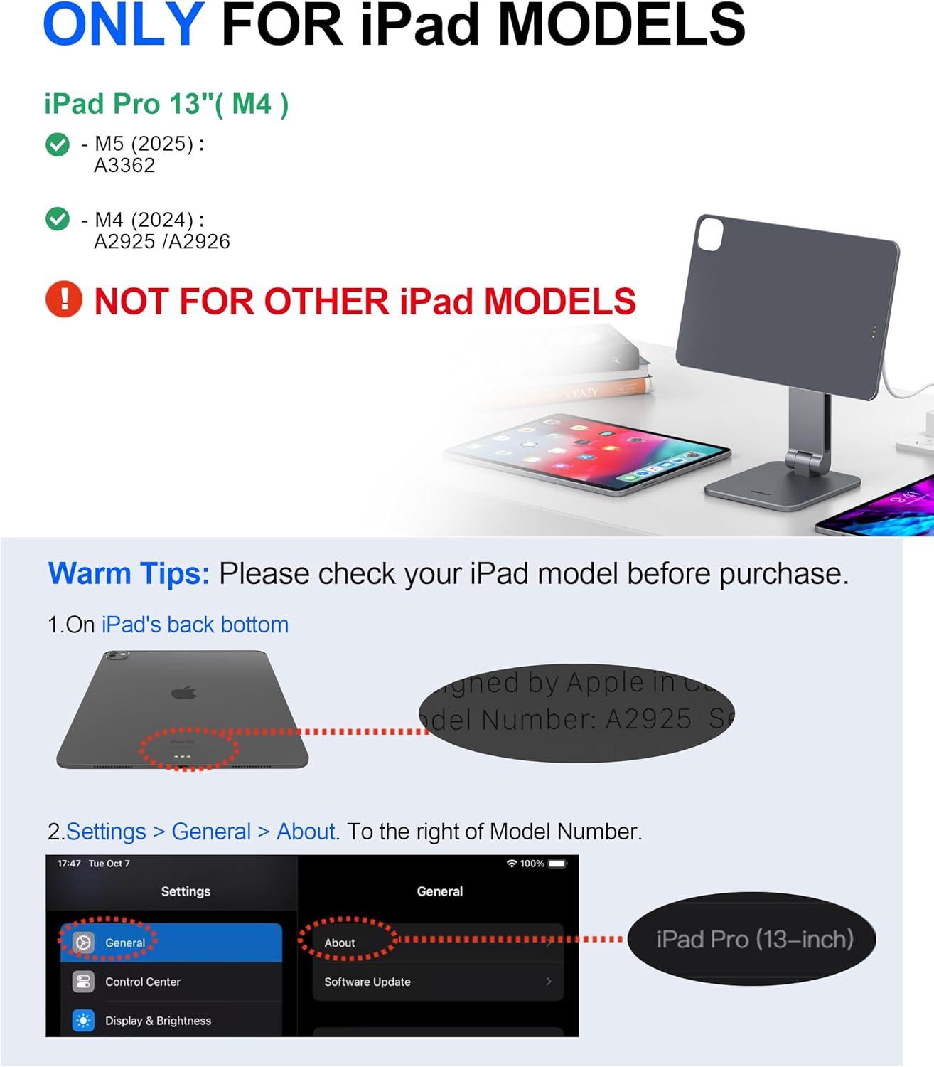 35W Wireless Charging iPad Stand, Precision Magnetic Alignment & Suction Cup Base, 360° Rotating Foldable Desk Stand for Work & Business, ONLY for iPad Pro 13” (M5/M4) - Gray