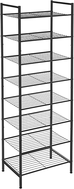 SONGMICS 8-Tier Slim Shoe Rack, Shoe Storage Organiser Stand, 16-24 Pairs of Shoes, Space-Saving with Large Capacity, Vertical Metal Shoe Shelf Storage, 44.6 x 30.5 x 128.5 cm, Black LMR028B01