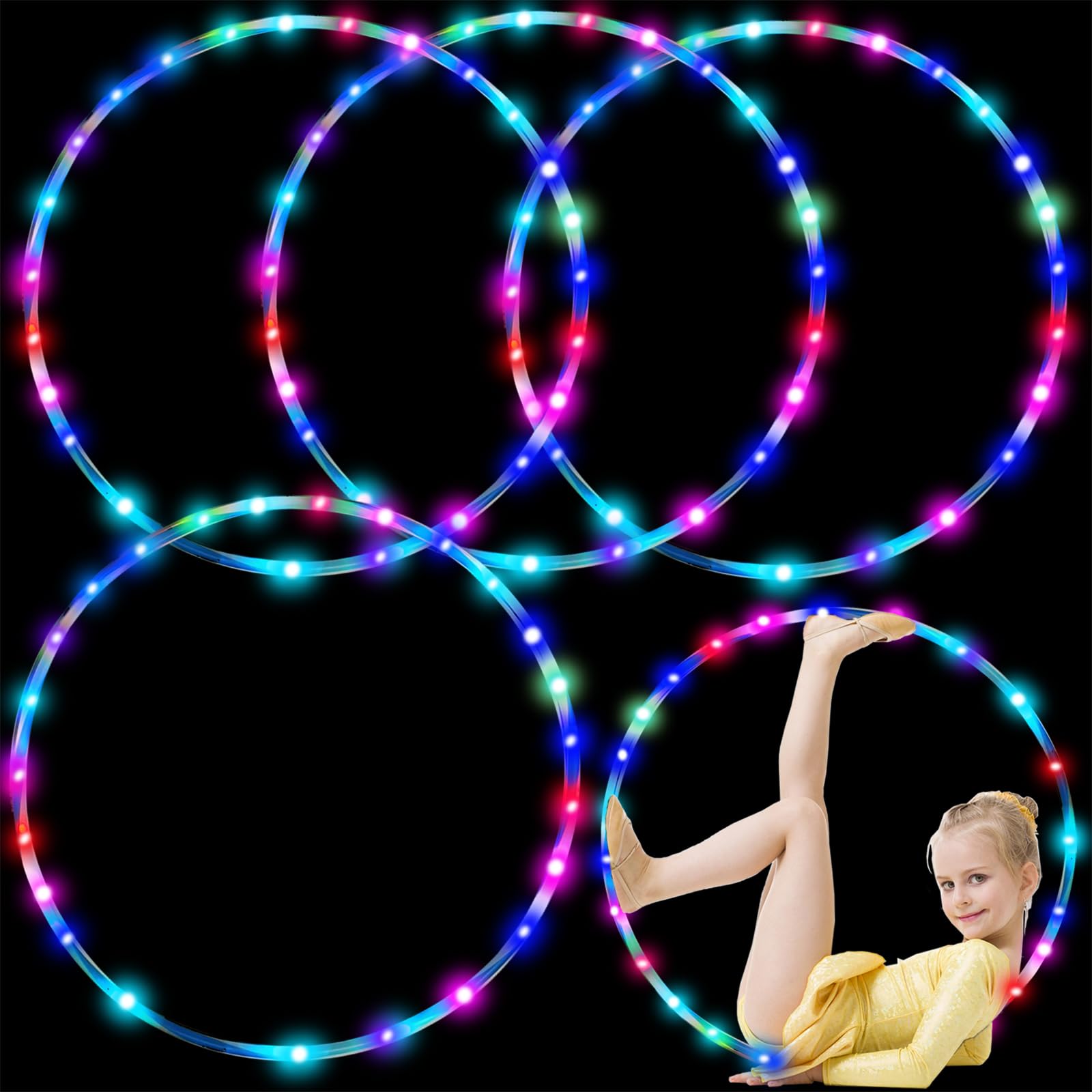 4Pack LED Hoop Dance Exercise Light Up Hoop for Kids Adults Children, 36in24in Fitness Equipment Weight Loss Auto Color Changing Strobe Glow Light
