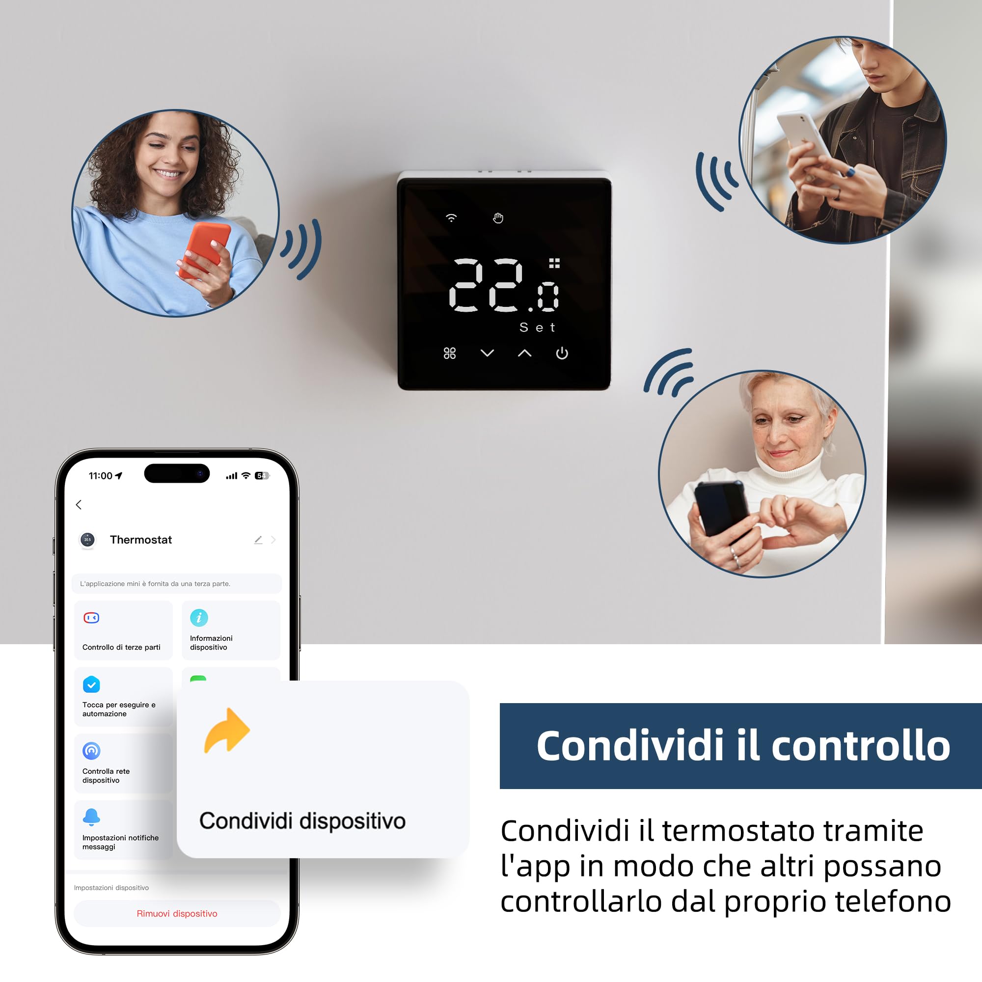 Termostato Wi-Fi alimentato a batteria, modello per caldaia, 3A, nero
